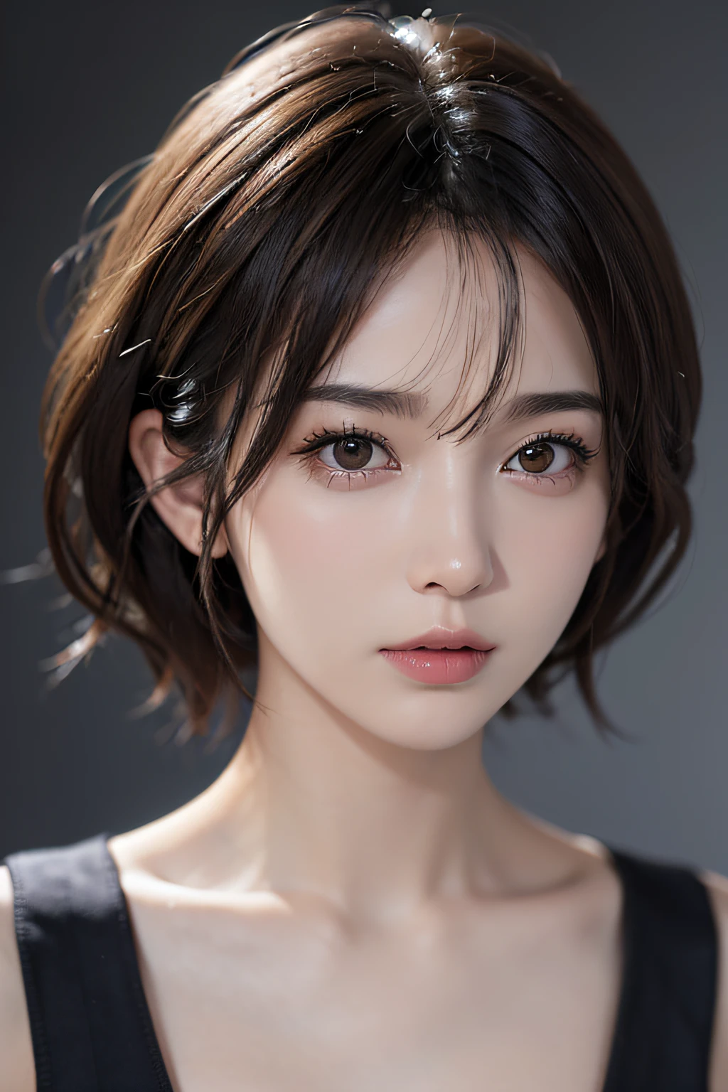 (masuter piece:1.3)、(8k、Photorealsitic、RAW Photography、top-quality: 1.4)、(1girl)、beautiful countenance、(lifelike face)、(A dark-haired、short-hair:1.3)、Beautiful hairstyle、realisticeyes、Beautiful details、(real looking skin)、Beautiful skins、(The shirt)、absurderes、enticing、超A high resolution、A hyper-realistic、high-detail、the golden ratio
