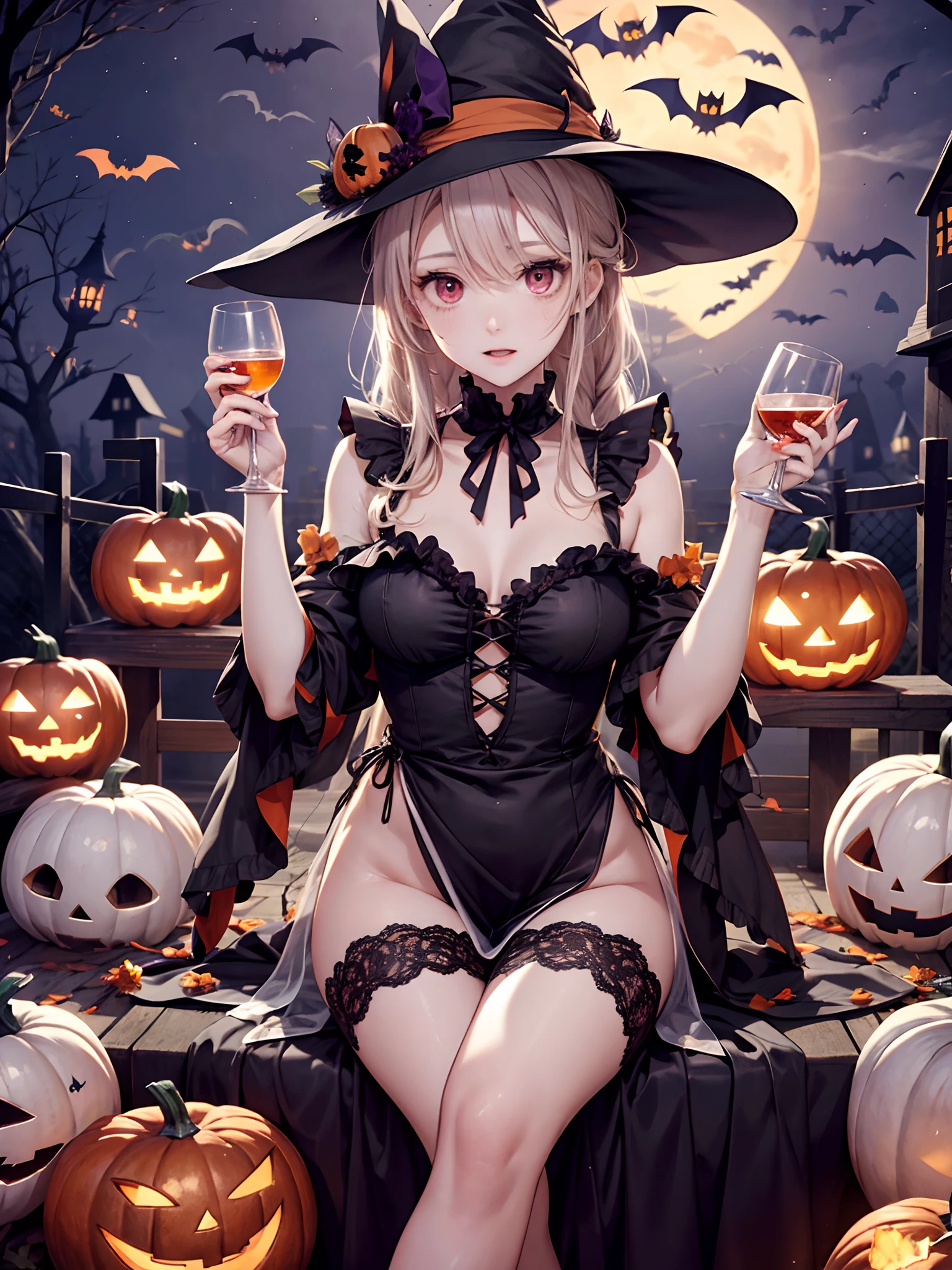 absurderes, ultra-detailliert,bright colour, extremely beautiful detailed face and eyes,top-quality、masutepiece、horor、Valley、cabelos preto e longos、red eyes、Return blood、Ruins、starrysky、Red Moon、Open chest、(Halloween Party:1.3)、Lots of bats、Lots of lanterns、Lots of candles、Sit on the pumpkin ghost、holding a glass of blood,