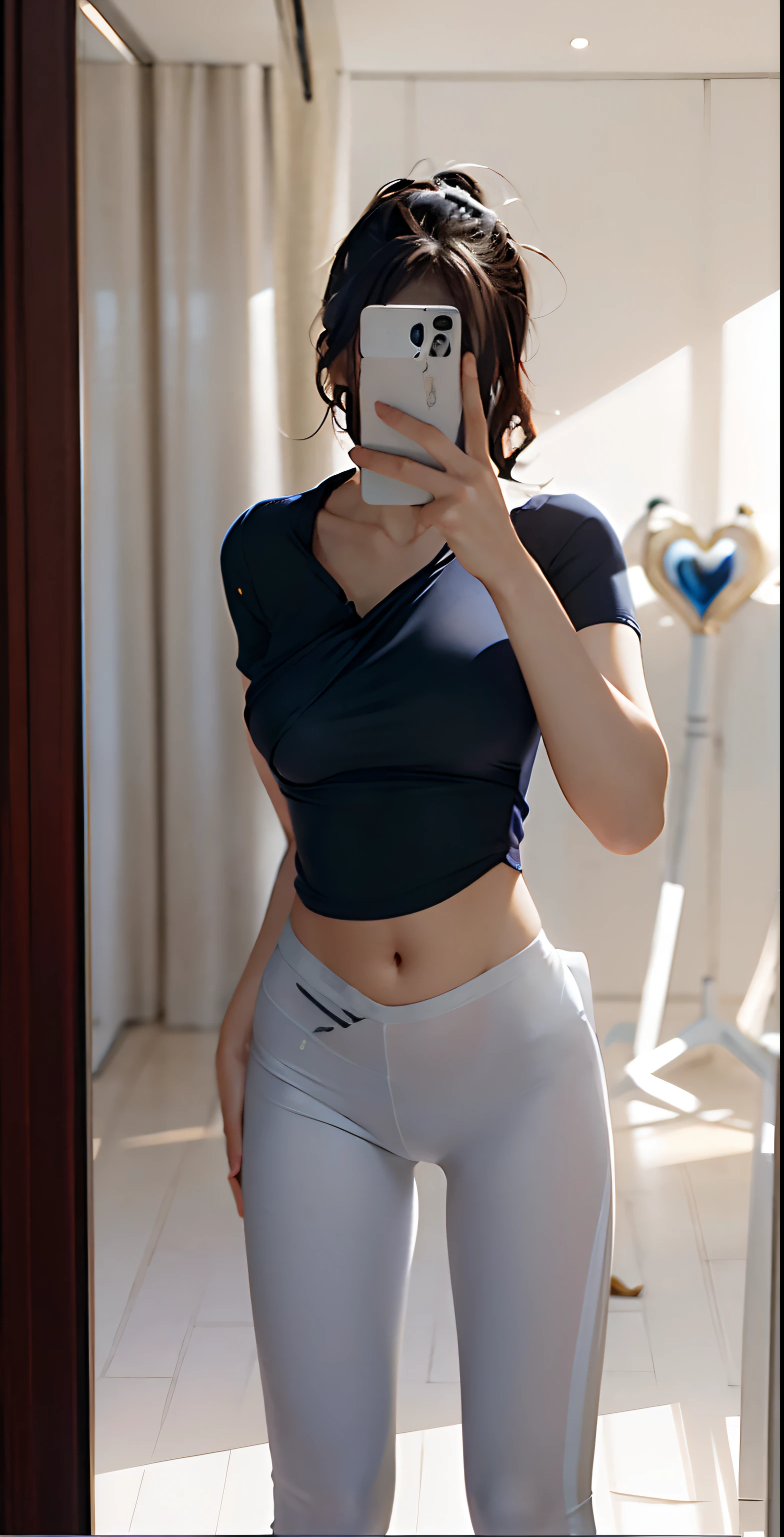 there is a woman that is taking a selfie in a mirror, wearing tight simple clothes, wearing tight shirt, Tight shirt, photo of slim girl, tight costume, belly button showing, blue tight t-shirt, skinny waist and thick hips, fit dainty figure, Sexy body, wearing sexy cropped top, thicc, with a thin waist, photo of slim girl model, Thin waist