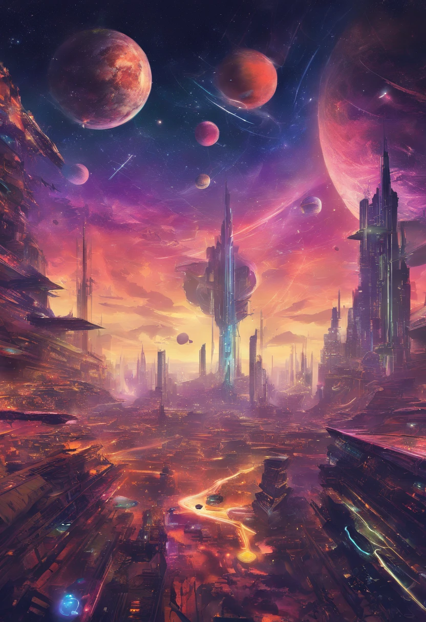 {{A colorful futuristic illustration of space}}, con un impresionante planeta en el centro. This artwork captures the beauty of the cosmos in a unique and artistic way. The quality and detail of the illustration are exceptional, lo que resalta la majestuosidad del espacio.