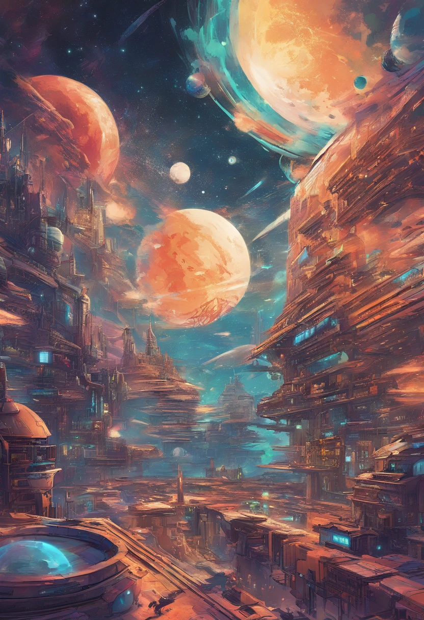 {{A colorful futuristic illustration of space}}, con un impresionante planeta en el centro. This artwork captures the beauty of the cosmos in a unique and artistic way. The quality and detail of the illustration are exceptional, lo que resalta la majestuosidad del espacio.