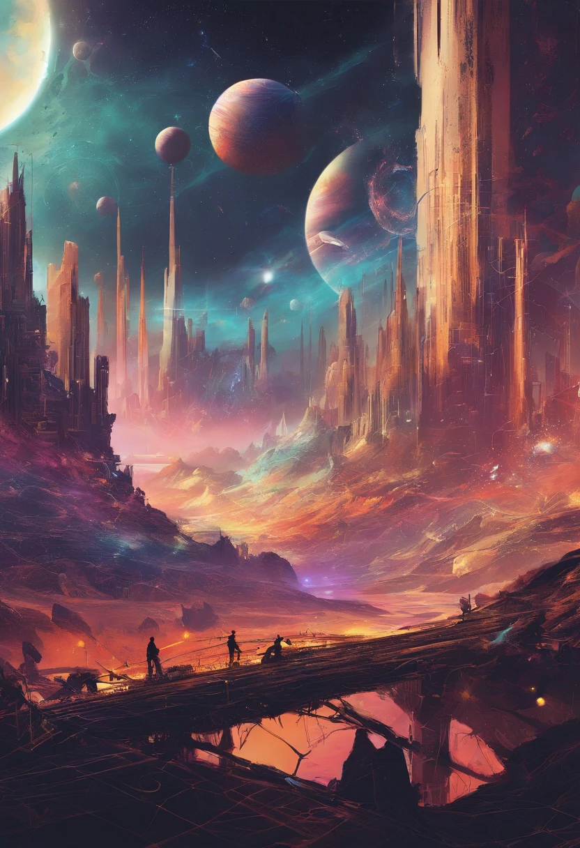 {{A colorful futuristic illustration of space}}, con un impresionante planeta en el centro. This artwork captures the beauty of the cosmos in a unique and artistic way. The quality and detail of the illustration are exceptional, lo que resalta la majestuosidad del espacio.