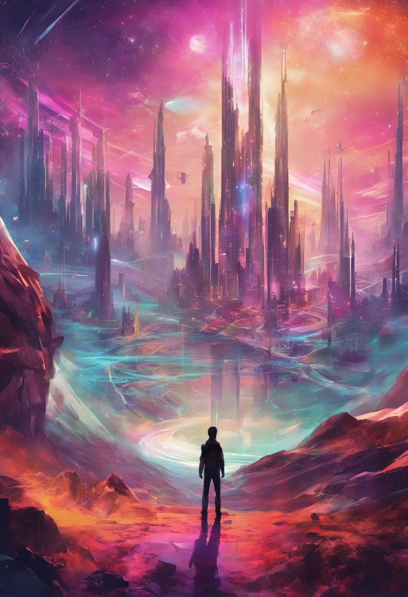 {{A colorful futuristic illustration of space}}, con un impresionante planeta en el centro. This artwork captures the beauty of the cosmos in a unique and artistic way. The quality and detail of the illustration are exceptional, lo que resalta la majestuosidad del espacio.