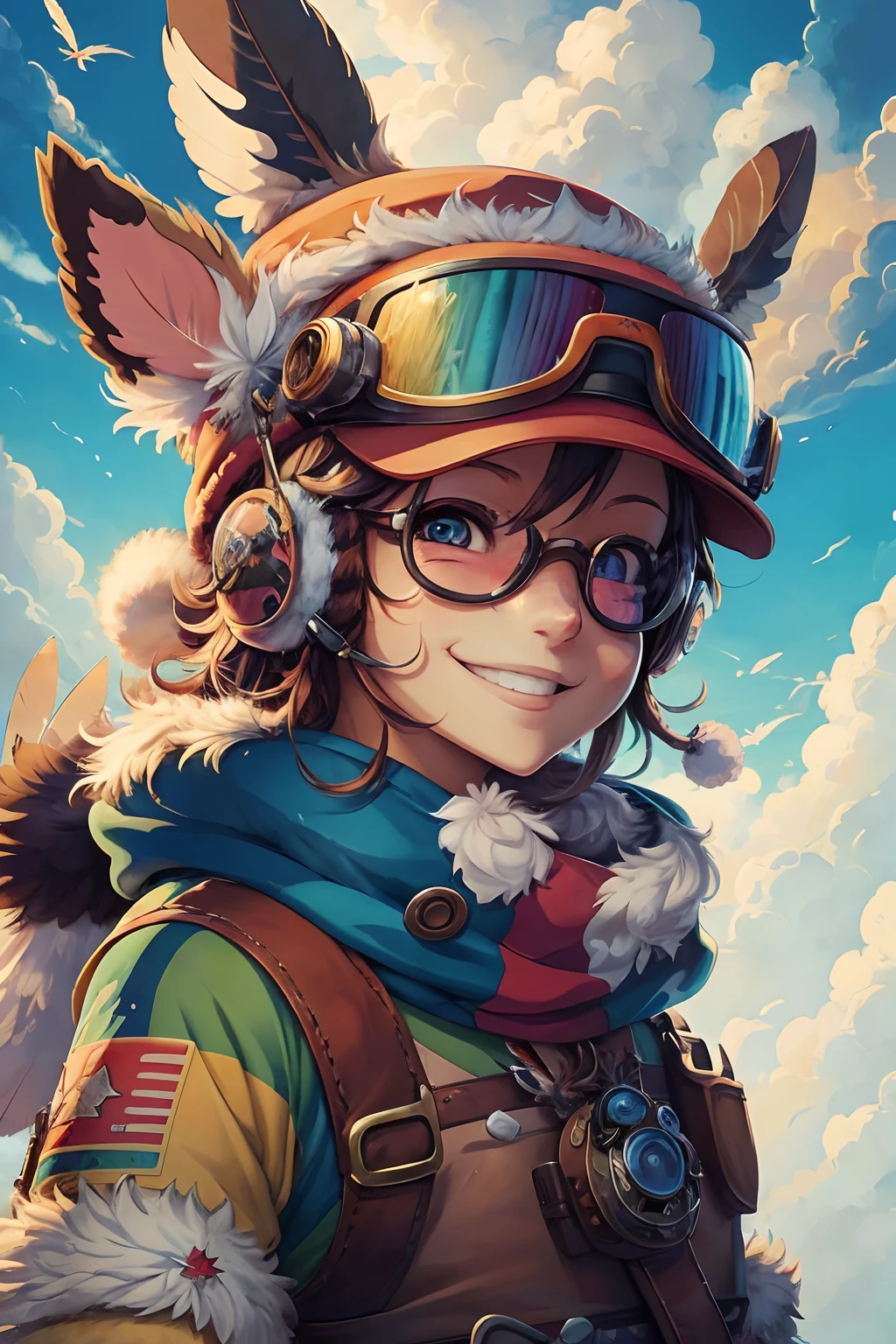 highres,painting,Chopper,anime,portrait,vivid colors,Detailed fur and feathers,expressive eyes,smiling face,cute hat and goggles,lovable character,action pose,background with sunny sky and clouds --auto