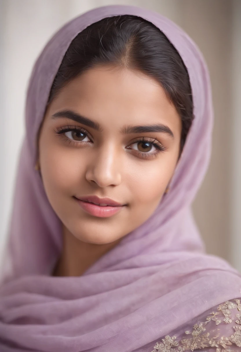Portrait of an 18 year old sexy muslim teen with hijab, beautiful Kerala girl, round face, brown skin, seductive face (asymmetric face), cute pimples on face, wearing full sleeve dress in lavender color, in her room, shy and cheerful smile, perfect medium breast, (provocatiive)