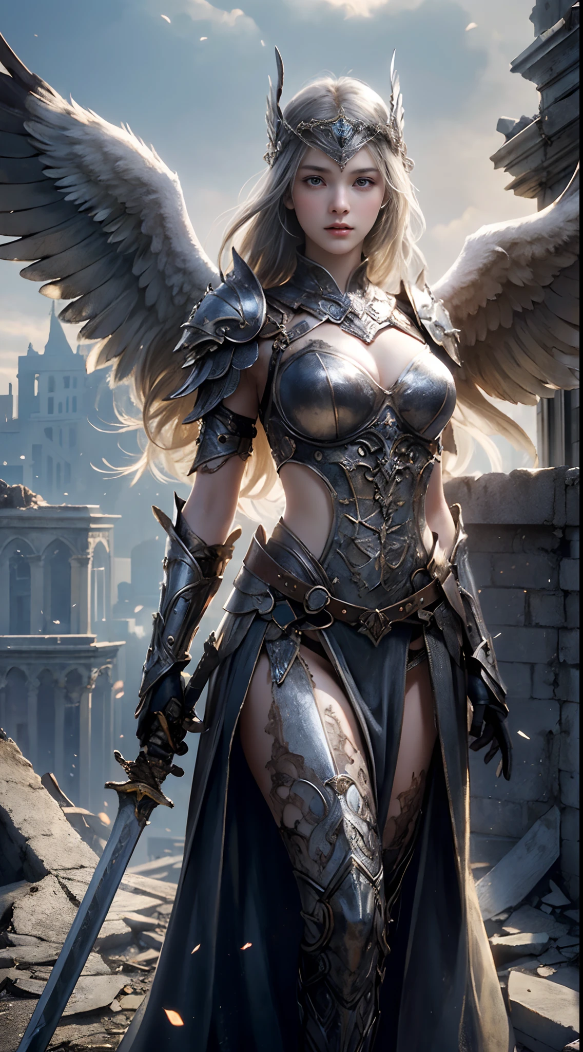 masterpiece, ((1girls, Standing on a crumbling building, close up shot, Realistic)), Realistic visuals, Artistic customization, Attractive beauty, Amazing contrast, 8k wallpapers, absurdity, unbelievably ridiculous, valkyrie, beautiful armor, wings, (Holding a silver sword.)), I was in the air., ((bestquality: 1.5))