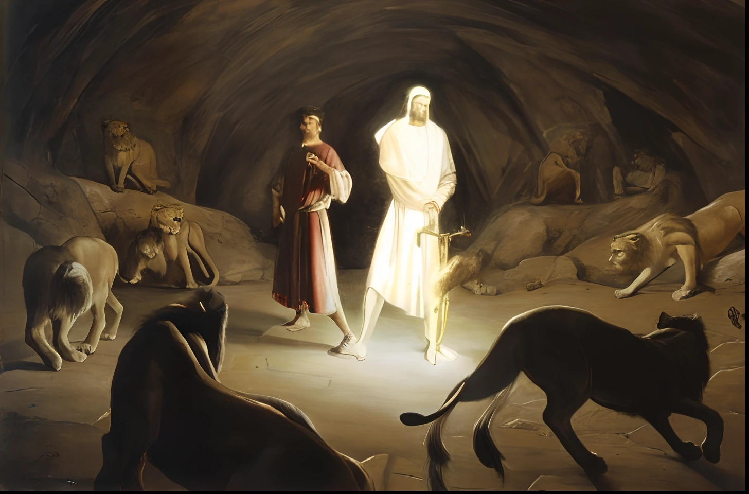 Daniel in the lions' den being protected by an angel of God