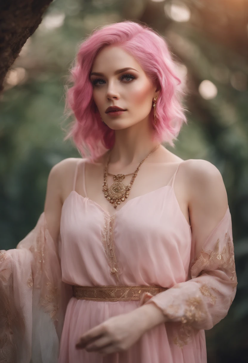 short woman with white skin, pink hair, wearing miad clothes