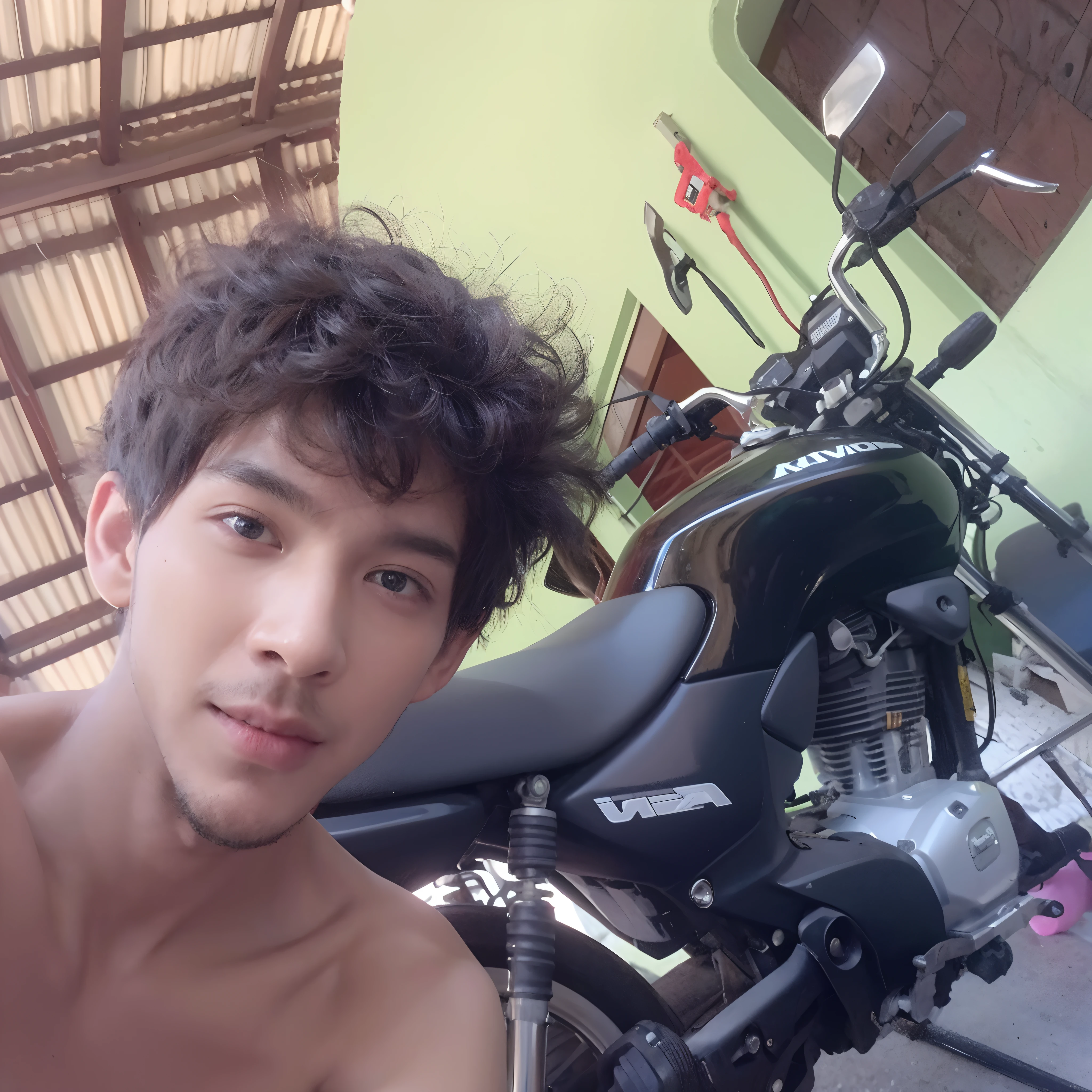 Transform my bike into an expensive motorcycle but don't change my face or even my appearance do it in 4k ultra realistic and detailed in a mansion