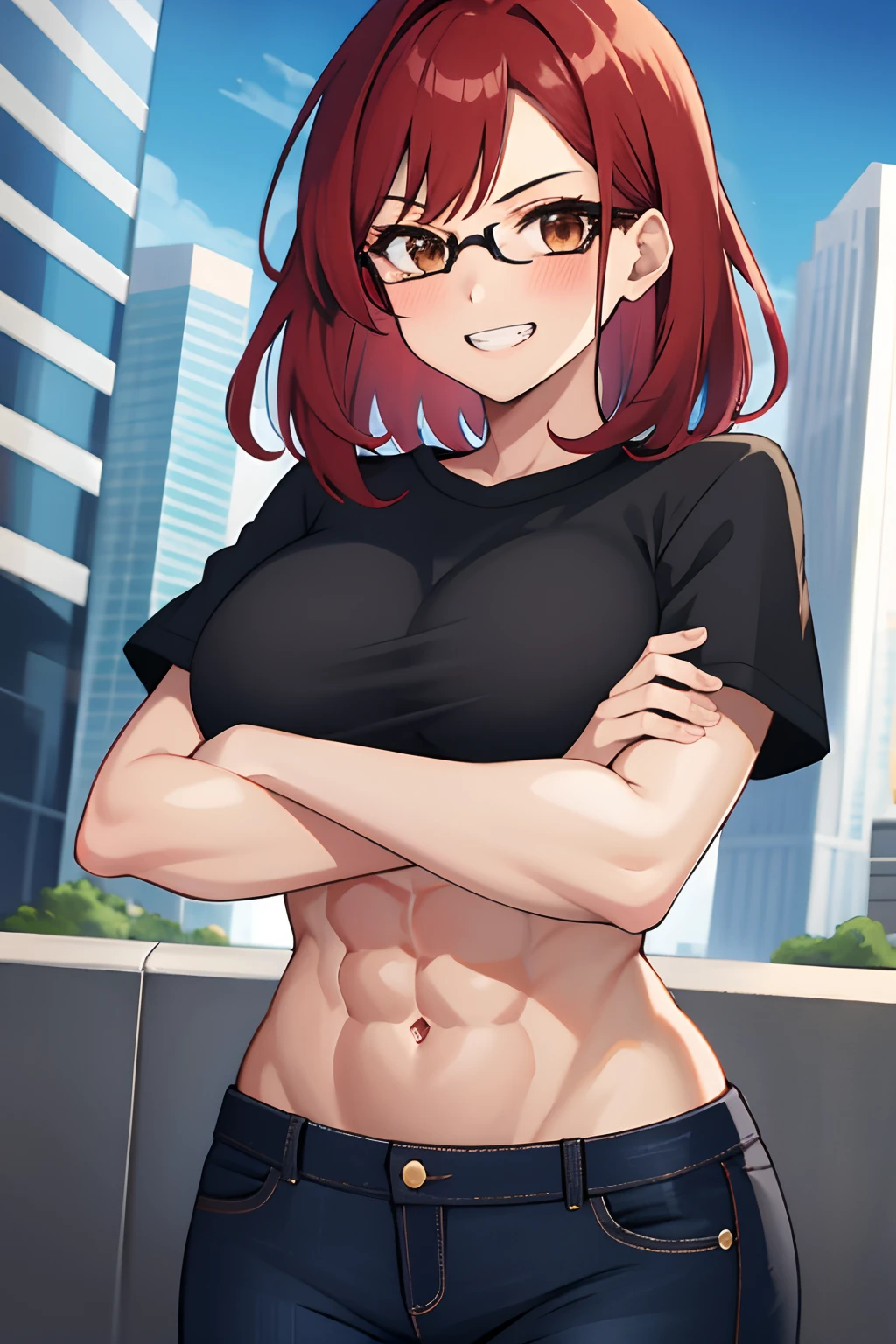 one girl, medium hair, red hair, brown eyes, glasses,big breasts,strong abs,(seductive smile,clenched teeth), black shirt, black jeans, (crossed arms), standing, skyscraper,pov from front,solo focus