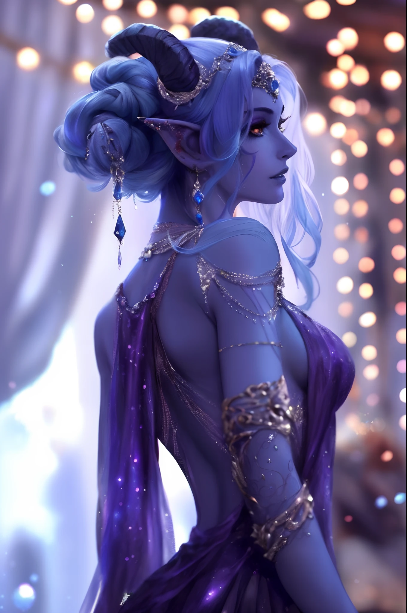 um close up de uma mulher em um vestido roxo com um vestido roxo, elfo bonito com pele violeta, bela condessa elfa escura, Rainha elfa bonita e elegante, estilo de arte de fantasia, elegant cinematic fantasy art, princesa elfo escuro, bela arte de fantasia, muito bonito elven top model, arte de fantasia detalhada, elfo de pele azul, elfo feminino bonito e elegante