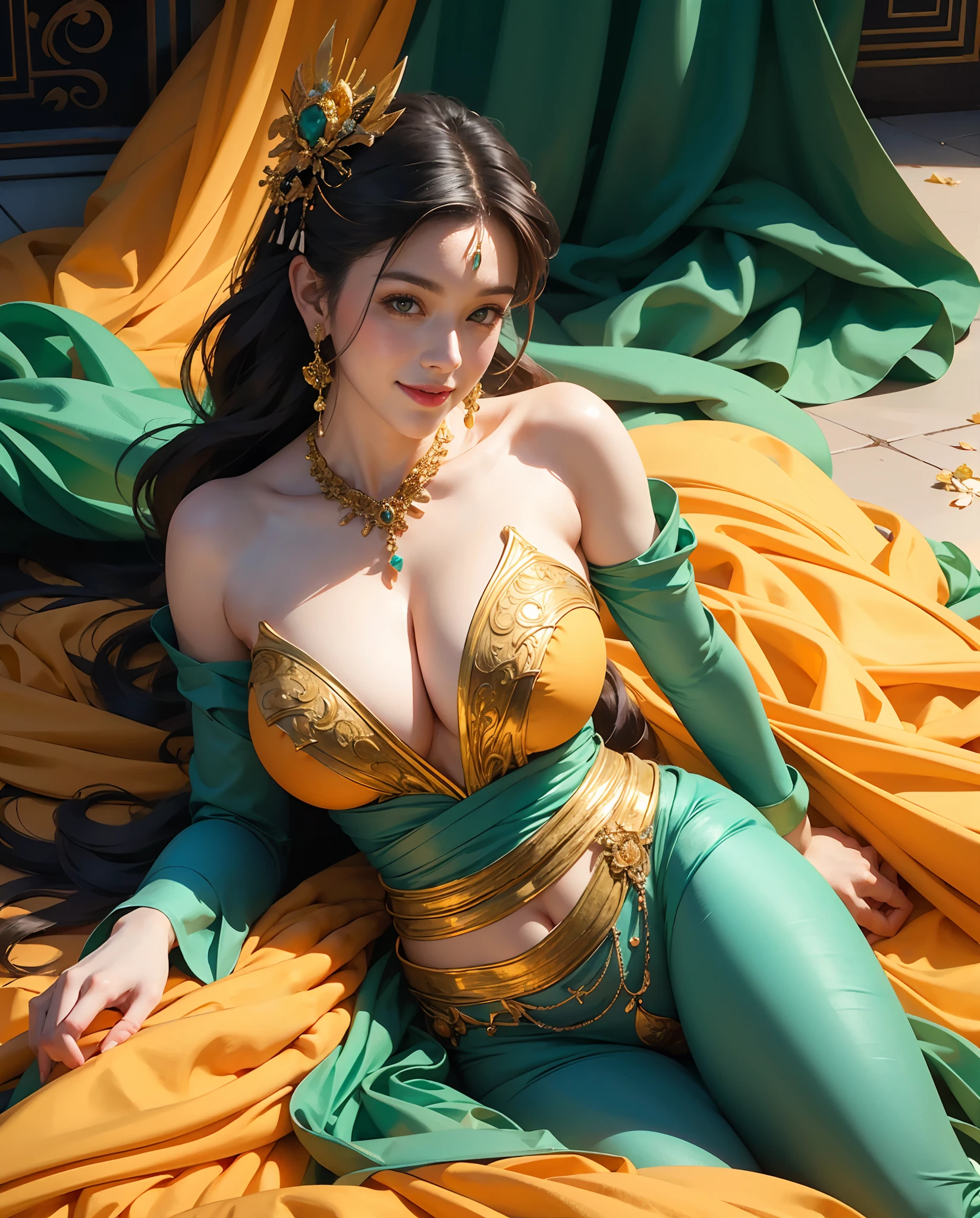 Best quality, masterpiece, meticulous detail, photorealistic, 1 girl, full body, a hot beautiful lady in the heavenly paradise, big breast, big hips, long leg, teal and orange theme, sexy, smiling