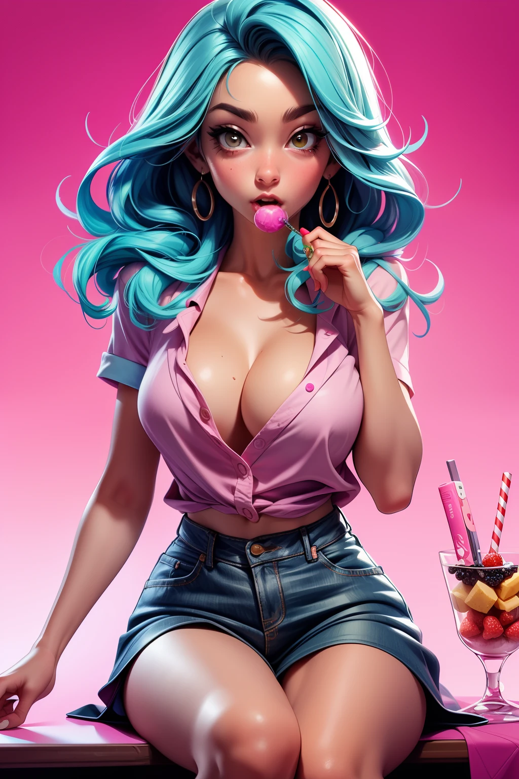 high quality, masterpiece, mouna sucking lollipop,candybar, sour candy, sweets, sucking lollipops, sprinkles, berries, showing clevage, nipple poke,