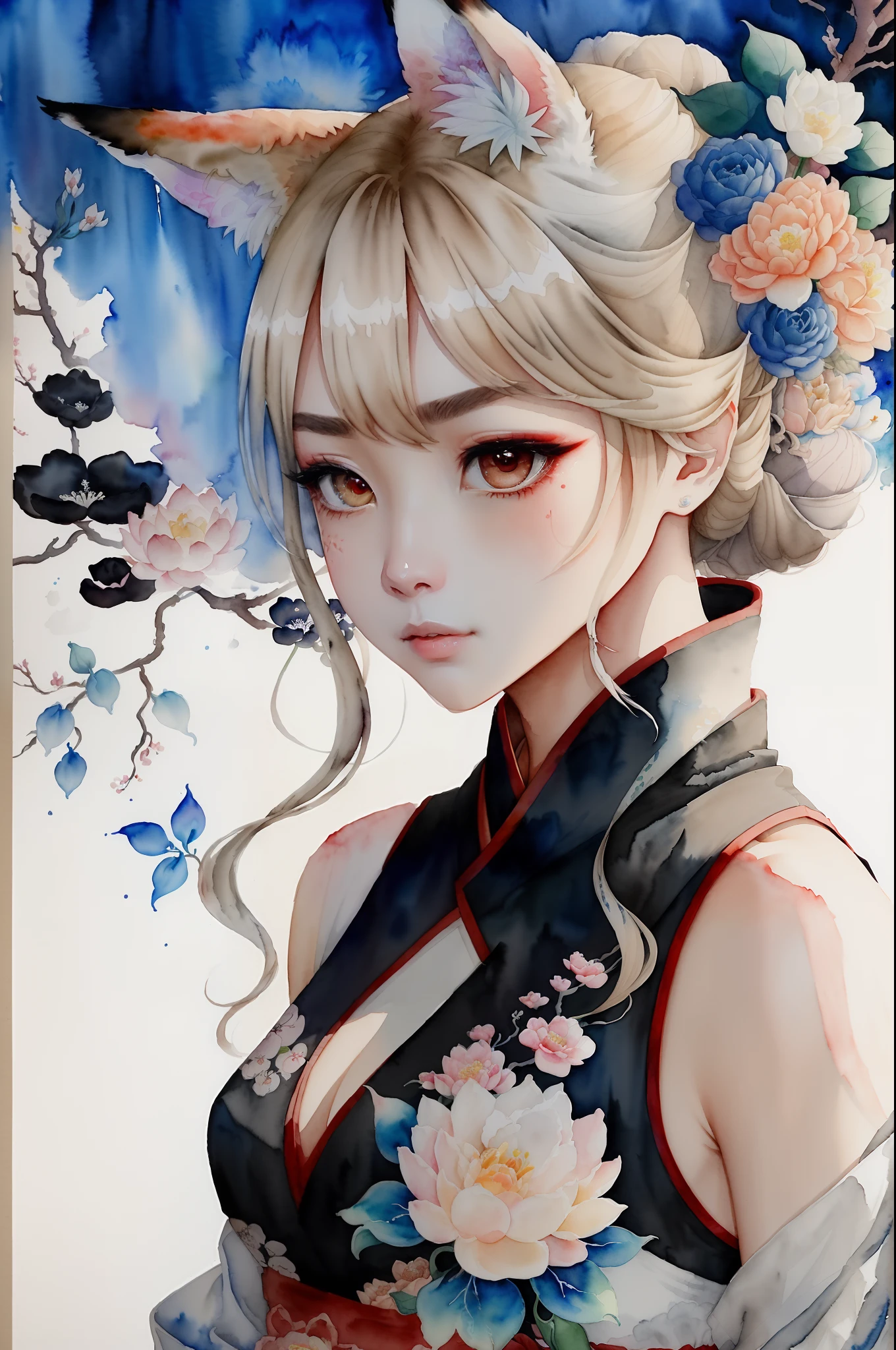 ((in a 4k、masterpiece、top-quality))、Beautiful fox ears、Man with beige hair、ink and watercolor painting、Traditional Chinese Ink Painting、lotuses、Hanfu、Maxi Kit、Dress conservatively、Animal ears,、bule、florals、Lots of flowers nearby、shenron、extra detailed face
