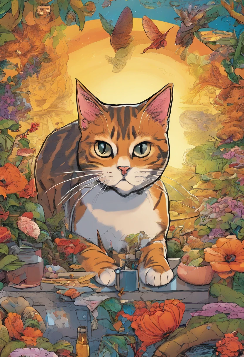 American comics, the comic story is presented in multiple irregular panels with color. The American Shorthair cat goes through hardships while running away from home and then reunites with its owner. The style is exaggerated and detailed A chaotic quantum lab with flashing lights and swirling energy as the quantum gateway activates.
