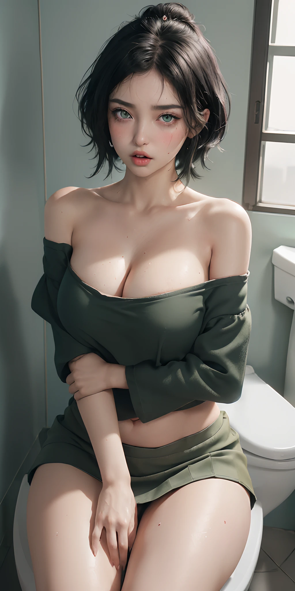 (8k, masterpiece, best quality, intricate details, vivid colors), (bathroom), (girl 1(short black hair, green eyes, eye shadow, beautiful makeup, off shoulder cropped tshirt, cleavage, bare tummy, bare tits, lifted skirt, bare vagina, thigh highs, perfect body, big tits, big ass, thick thighs, tall and slim, shocked face, looking at viewer, open mouth, blush, sweaty, sitting on toilet seat))