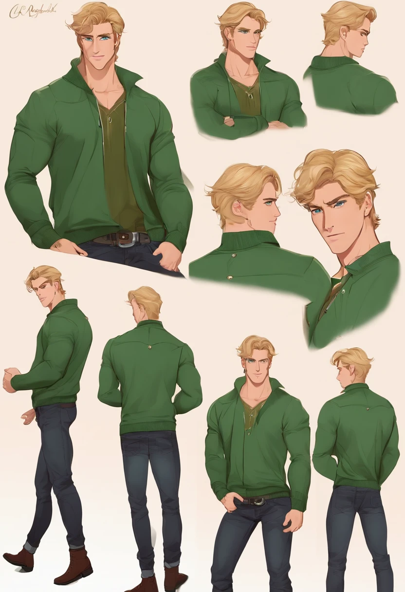 A tall, muscular guy, with blond hair and a punk cut, emerald green eyes, wearing a green sweater and jeans, very flirtatious and blushing, from every angle, back angle, character model, character sheet, romantic.