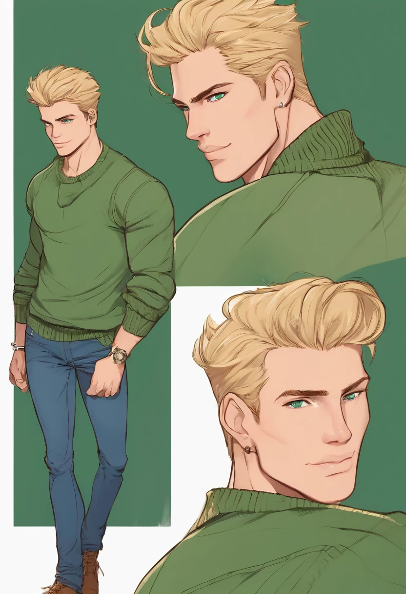 A tall, muscular guy, with blond hair and a punk cut, emerald green eyes, wearing a green sweater and jeans, very flirtatious and blushing, from every angle, back angle, character model, character sheet, romantic.