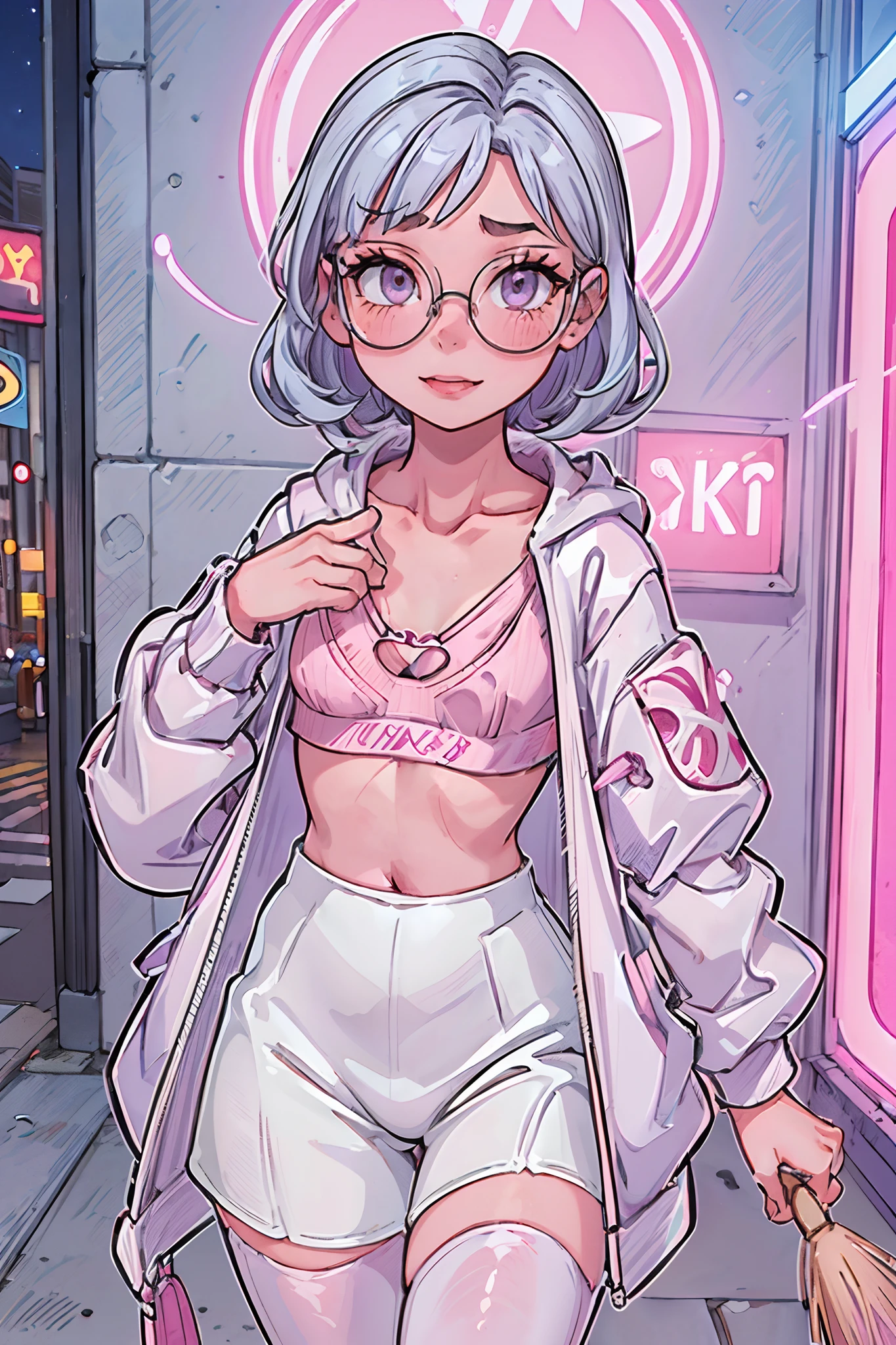 eggnami <lora:eggnami:0.9>, 1girl, solo, breasts, headphones, sleeveless, bracelet, jewelry, underwear, swimsuit, fur trim, white leotard, pink pouch, (panties), thick thighs, wide hips, winter, snow,, rolalstart <lora:rolalstart:0.9>, rose lalonde, short hair, hairband, white hair, purple eyes, black lips, cowboy shot, close up
