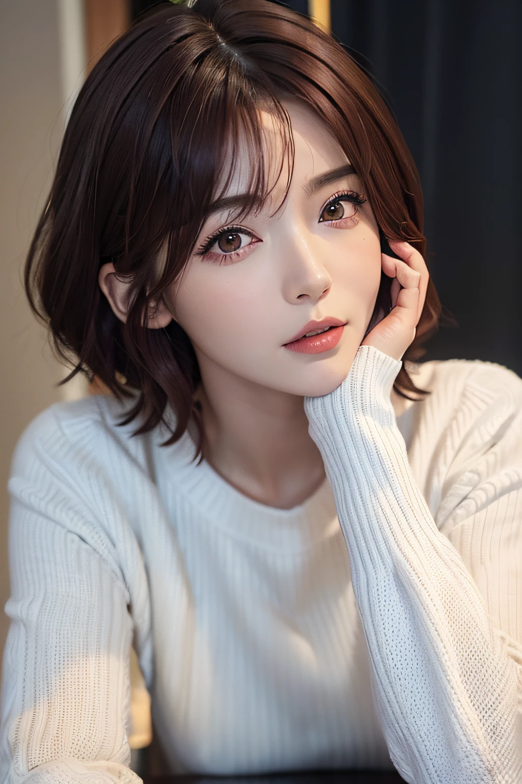 (masuter piece:1.3)、(8k、Photorealsitic、RAW Photography、top-quality: 1.4)、(1girl)、beautiful countenance、(lifelike face)、(Dark red hair、short-hair:1.3)、Beautiful hairstyle、realisticeyes、Beautiful details、（real looking skin）、Beautiful skins、（White sweater）、absurderes、enticing、超A high resolution、A hyper-realistic、high-detail、the golden ratio