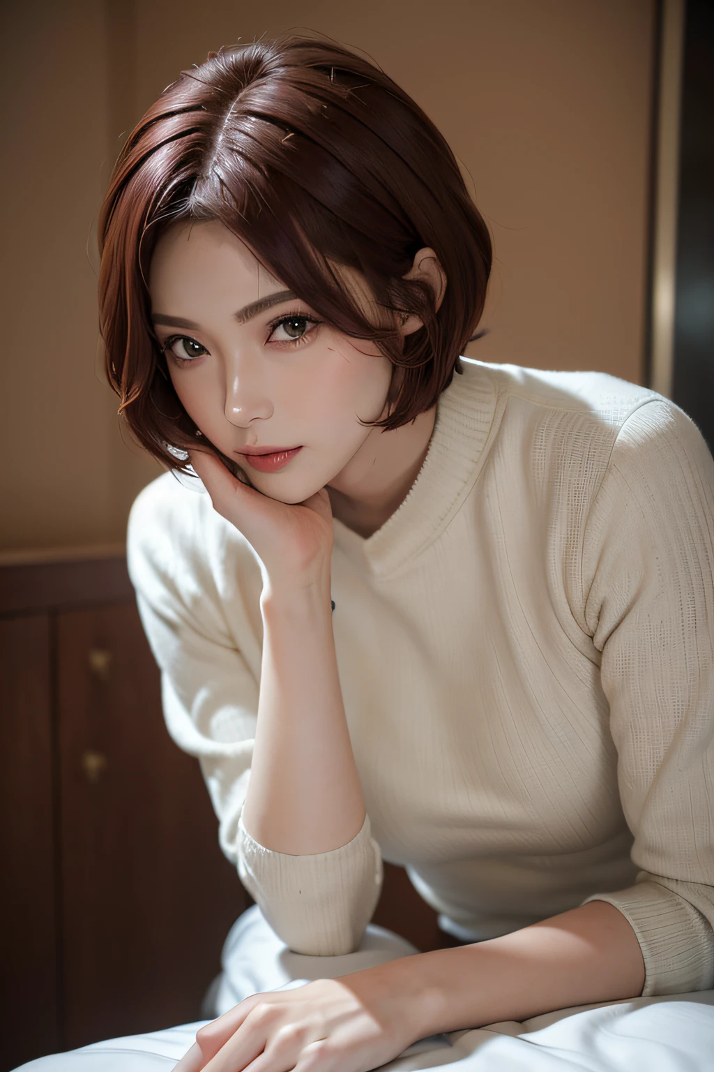 (masuter piece:1.3)、(8k、Photorealsitic、RAW Photography、top-quality: 1.4)、(1girl)、beautiful countenance、(lifelike face)、(Dark red hair、short-hair:1.3)、Beautiful hairstyle、realisticeyes、Beautiful details、（real looking skin）、Beautiful skins、（White sweater）、absurderes、enticing、超A high resolution、A hyper-realistic、high-detail、the golden ratio