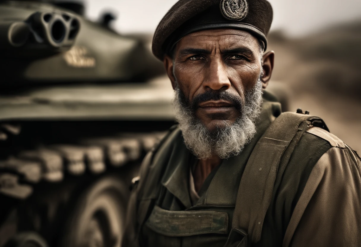 analog style, model photography style, RAW portrait of a palestine soldier with a tank as background, best quality, epic (by photo by Lee Jeffries, sony a7, 50 mm , pores: 1.5, colors, hyperdetailed: 1.5, film grain: 1.4, hyperrealistic: 1.5), hyperrealistic texture, masterpiece, unreal engine 5, extremely detailed CG unit 4k wallpaper, realistic eyes, insanely detailed photo, no shadows, (Winner of Pulitzer Prize for Photography and Taylor Wessing Photographic Prize)