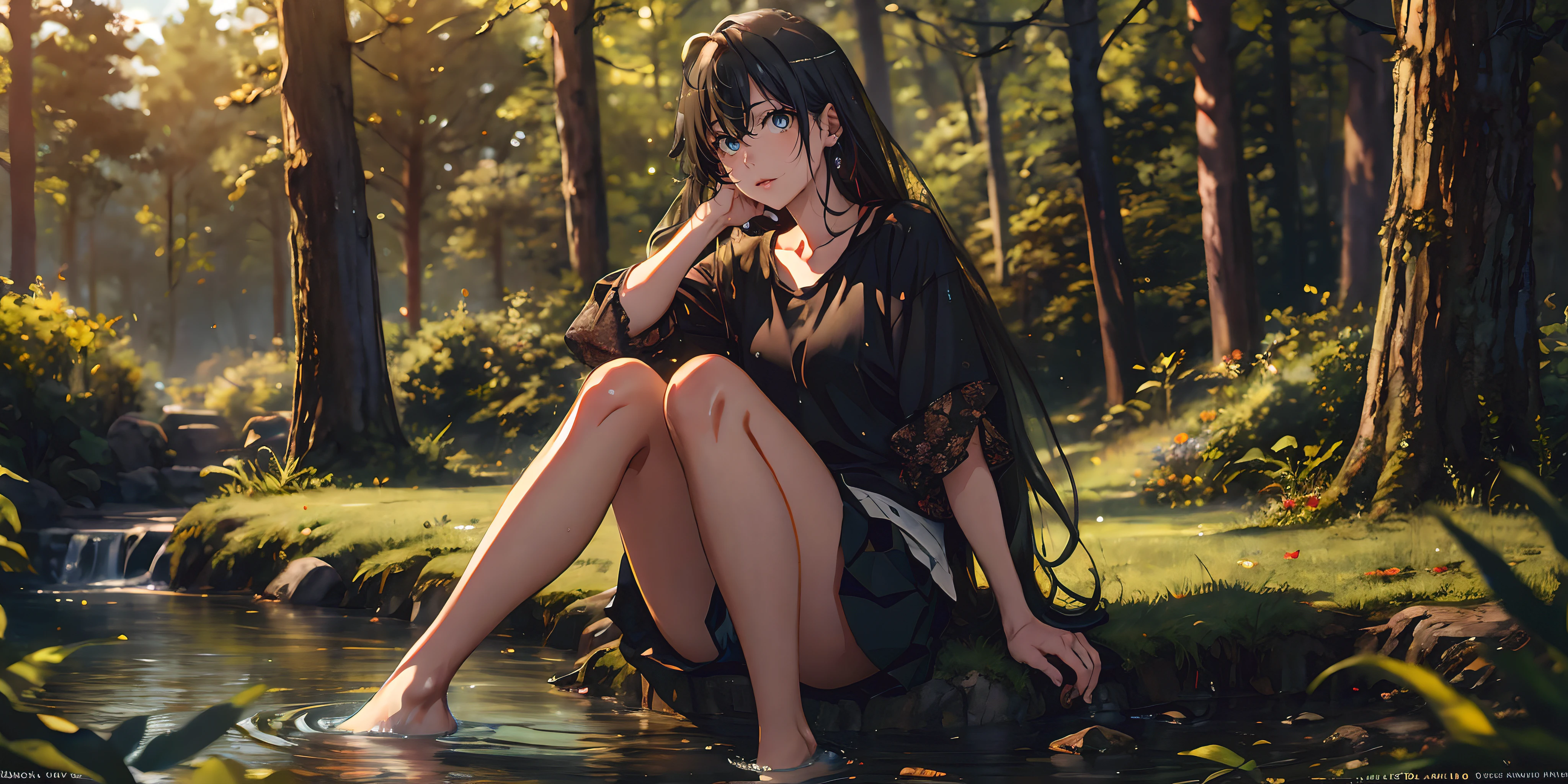 yukinoshita yukino, (long_hair, black_hair:1.6) blue eyes, 1girl, barefoot, sitting, skirt, long_hair, breasts, shirt, grass, wet, underwear, outdoors, water, feet, tree, short_sleeves, nature, large_breasts, solo, pleated_skirt, panties, white_shirt, knees_up, wet_clothes, looking_at_viewer, collarbone, forest, black_skirt, lips, bare_legs, glow effects, godrays, Hand drawn, render, 8k, octane render, cinema 4d, blender, dark, atmospheric 4k ultra detailed, cinematic, Sharp focus, big depth of field, Masterpiece, colors, 3d octane render, 4k, concept art, trending on artstation, hyperrealistic, Vivid colors, extremely detailed CG unity 8k wallpaper, trending on CGSociety, Intricate, High Detail, dramatic,