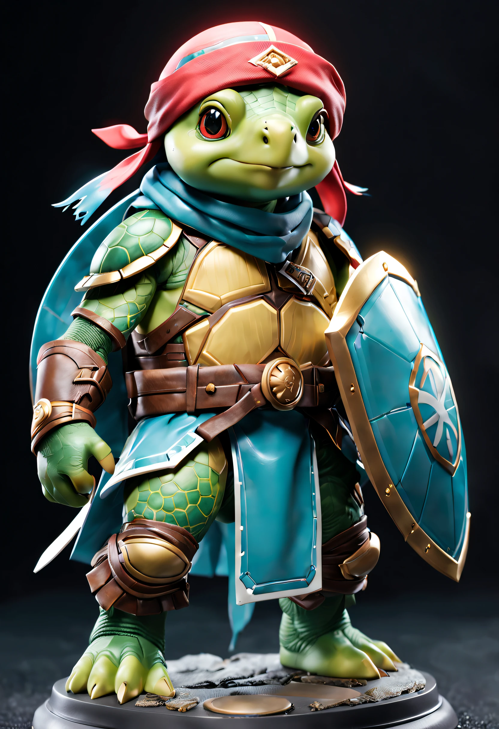 full body Esbian、Cool turtle、Pop Turtle、diorama、symple background、White background、bandana、Hold the shield with both hands、masterpiece, Best Quality, Capture super cute moments, depth of fields, ultra-detailliert, Ultra High Resolution, Octadale, 8K, 16 K
