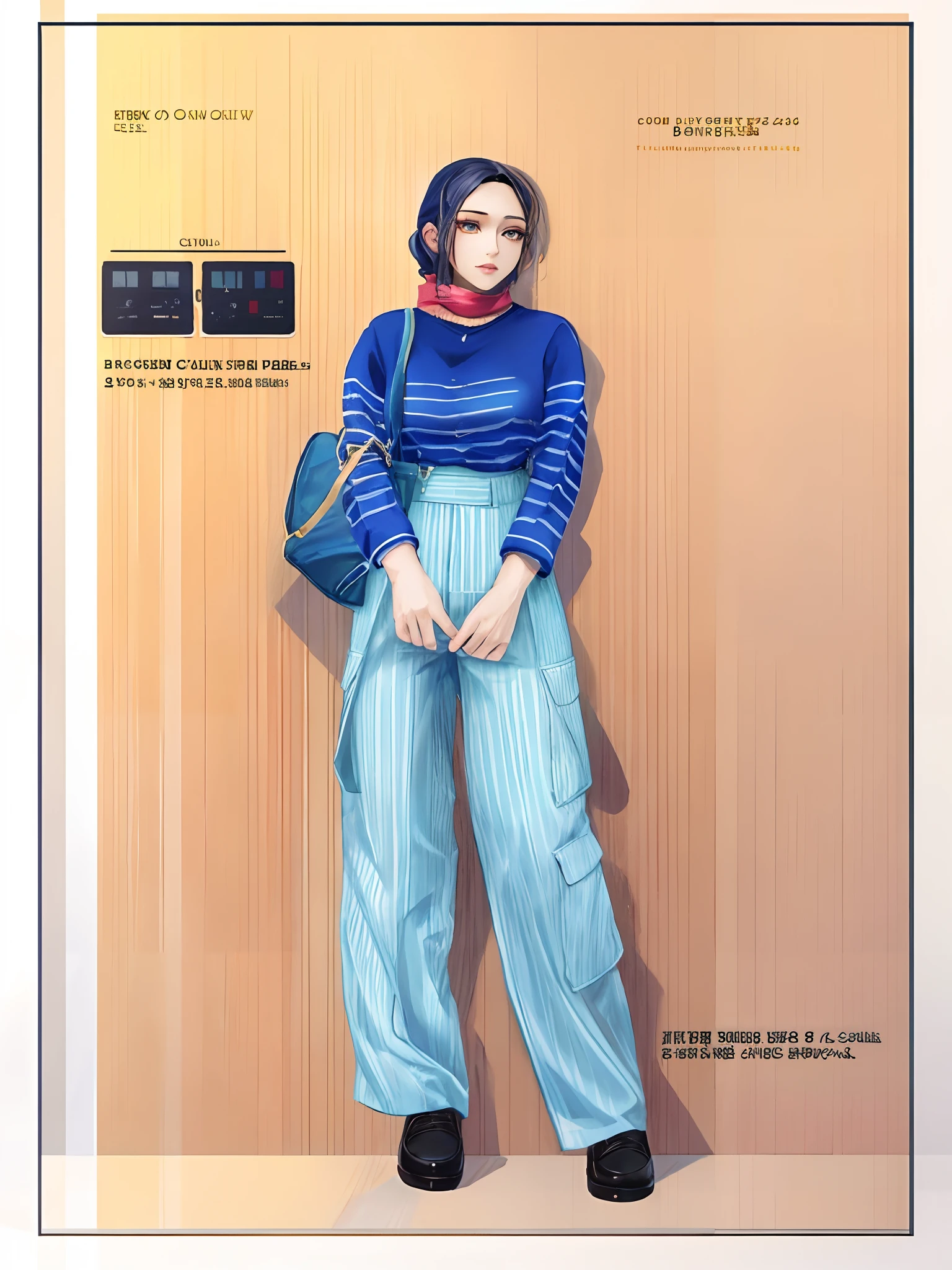 a woman in a striped shirt and blue pants with a handbag, full body illustration, casual modern clothing, full body picture, modern casual clothing, casual clothing style, inspired by Sim Sa-jeong, outfit design, 8k --height 768, female outfit, fullbody commission for, inspired by Kim Jeong-hui, modern fashion outfit, realistic clothing