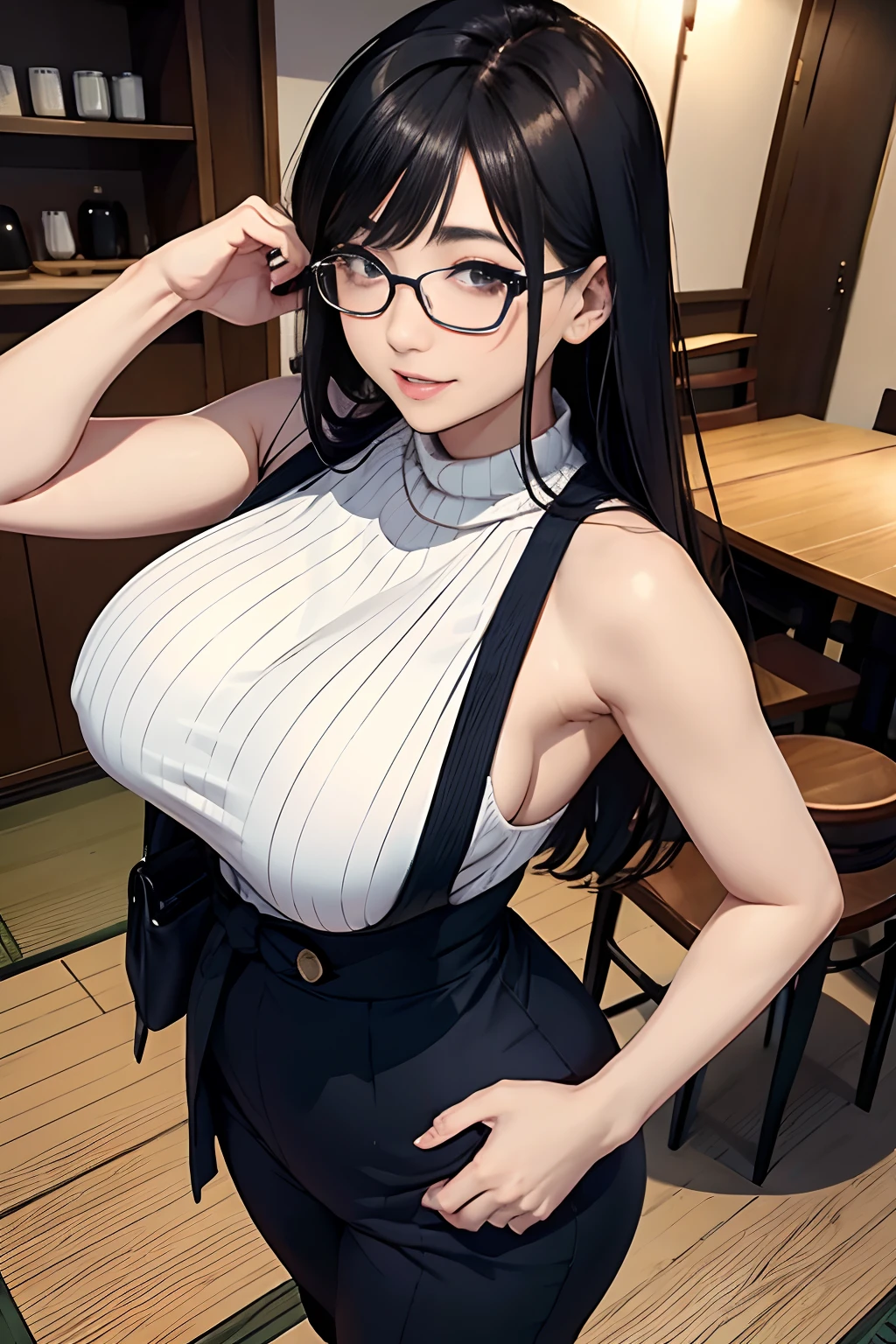 japanes OL 、A dark-haired Longhaire、eye glass、Sleeveless Beige Knitwear、high-waisted Blue pantsuit、Wearing black high heels、Colossal tits、gargantuan butt、Inside the coffee café the morning sun、Wearing Wedding Rings wrist watch、a smile、is standing