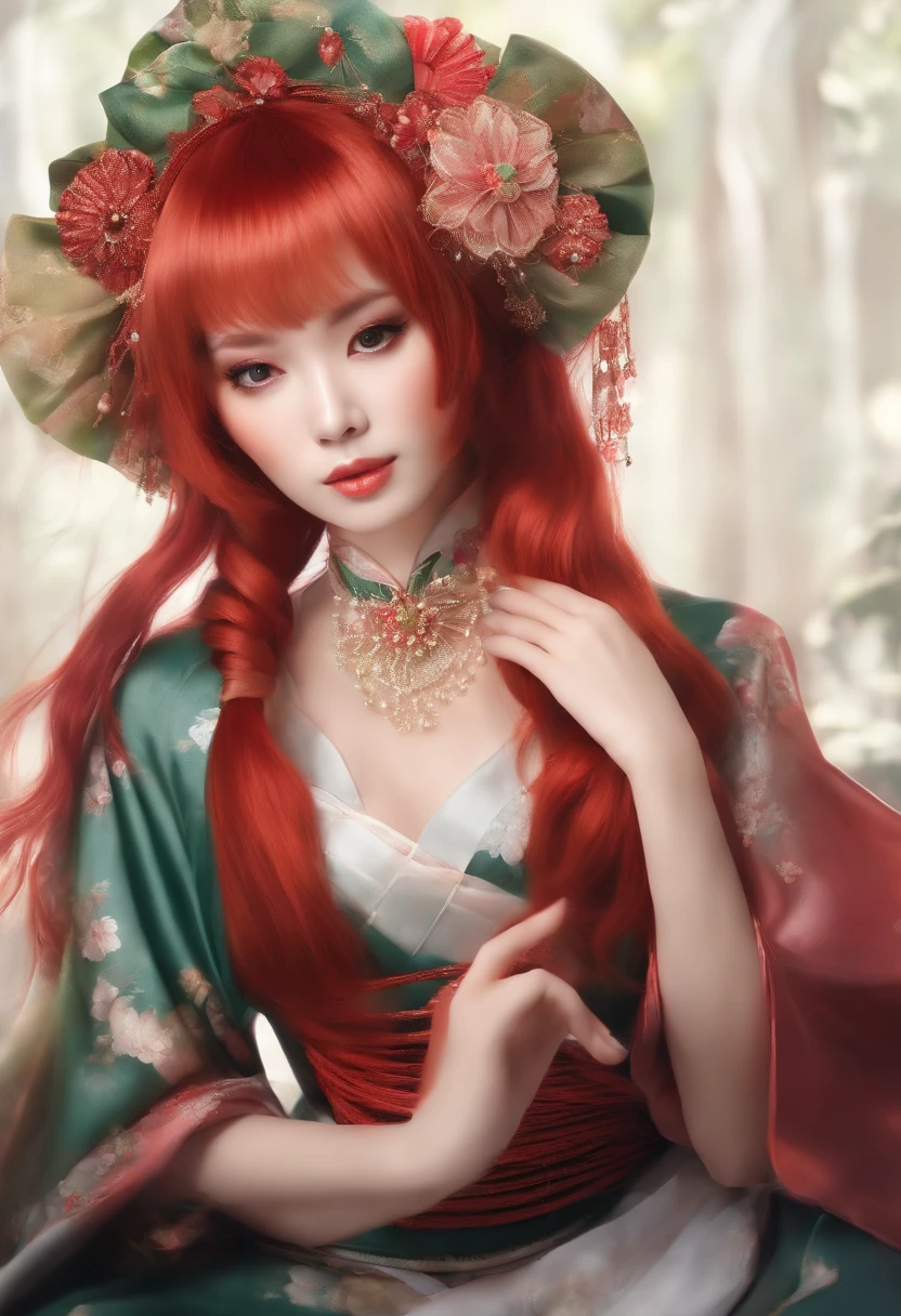 beautiful woman with red hair, wearing a Japanese maid outfit