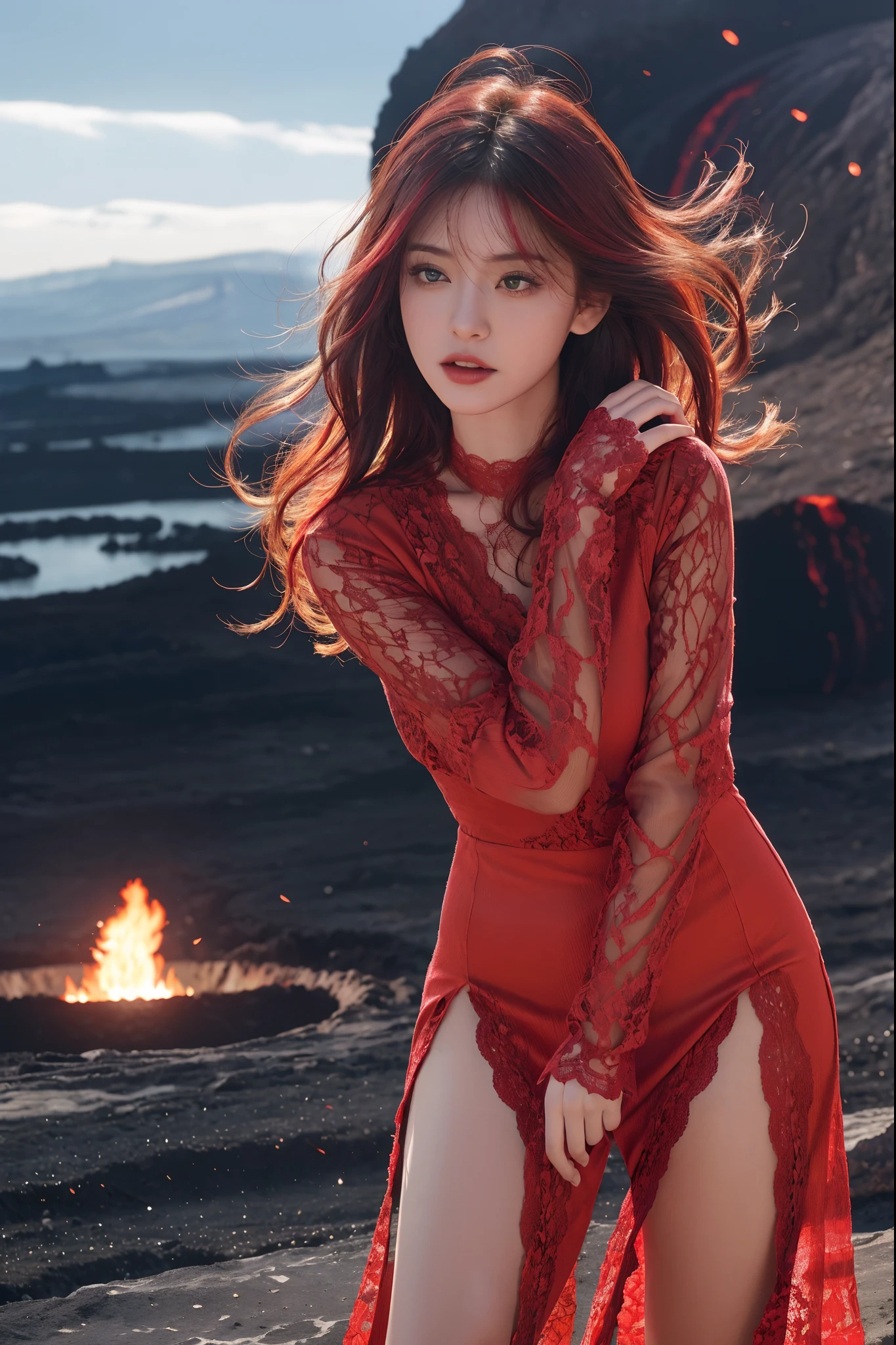 raw ((Portrait)), (Best Quality), (Realistic, Photorealsitic:1.3), Best Quality ,masutepiece, extremely delicate and beautiful, Extremely detailed ,nffsw ,Unity , 2k wallpaper, amazing, finely detail, masutepiece, Best Quality, Highly detailed ticker Unity 8k wallpaper, huge filesize , Ultra-detailed, hight resolution, Extremely detailed, Strong winds are blowing, bangss, (((Crater with lava flowing))), (((Red lace long sleeve long dress))), (((japanes))), (((Hair dyed red))),(((Slimed))), ((())), ((())), ((())),(((1 girl in))) , 年轻, ear,  Dynamic Pose, dynamic ungle, (()), (((Hair blown in the wind))),