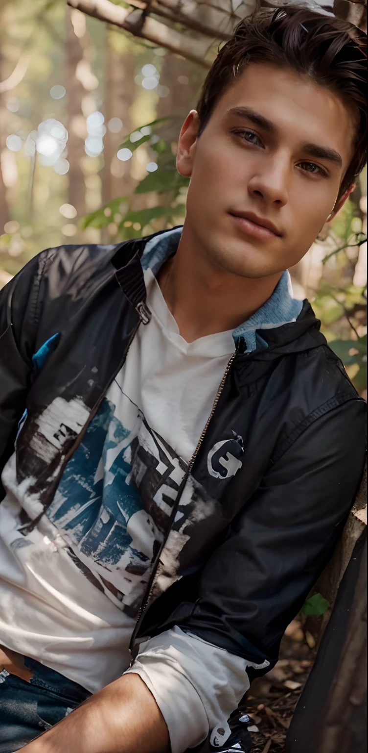 A young athletic American man with short dark brown hair, he looked dark blue, wearing a white blouse, dark ripped jeans and a long black jacket. Realistic, better image. 4k, Dense forest background without sunlight.