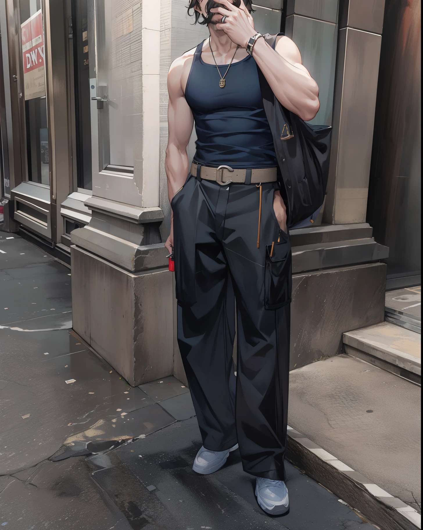 there is a man standing on the sidewalk smoking a cigarette, style from greg rutkowski, wearing cargo pants, wearing pants and a t-shirt, wearing a baggy, wearing : tanktop, large pants, white russian clothes, trending on r/streetwear, full body picture, baggy pants, wearing a fisher 🧥, 2 0 2 0 fashion, baggy