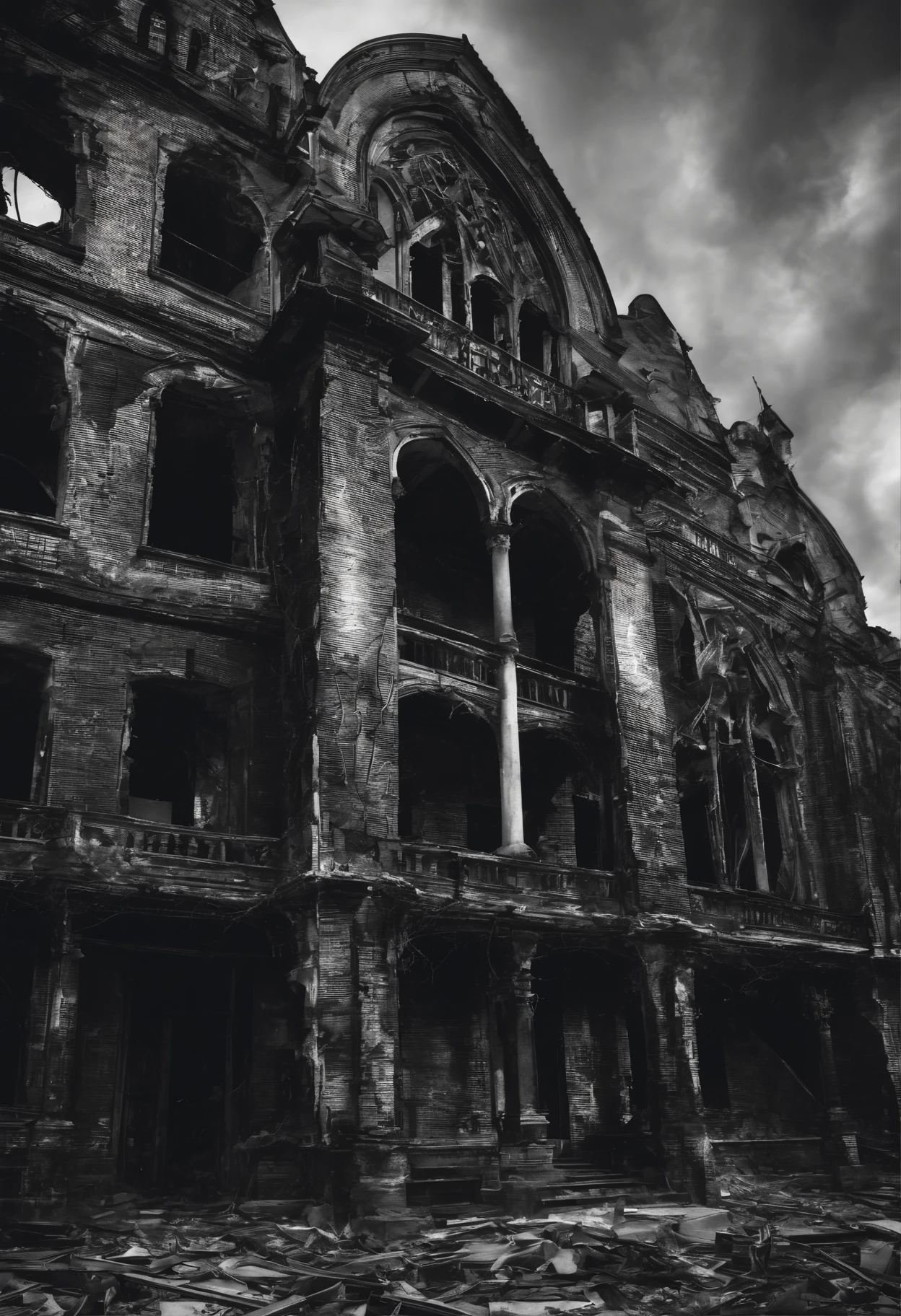 scary Post apocalyptic boarding school falling apart, guitars integrated into the building structure