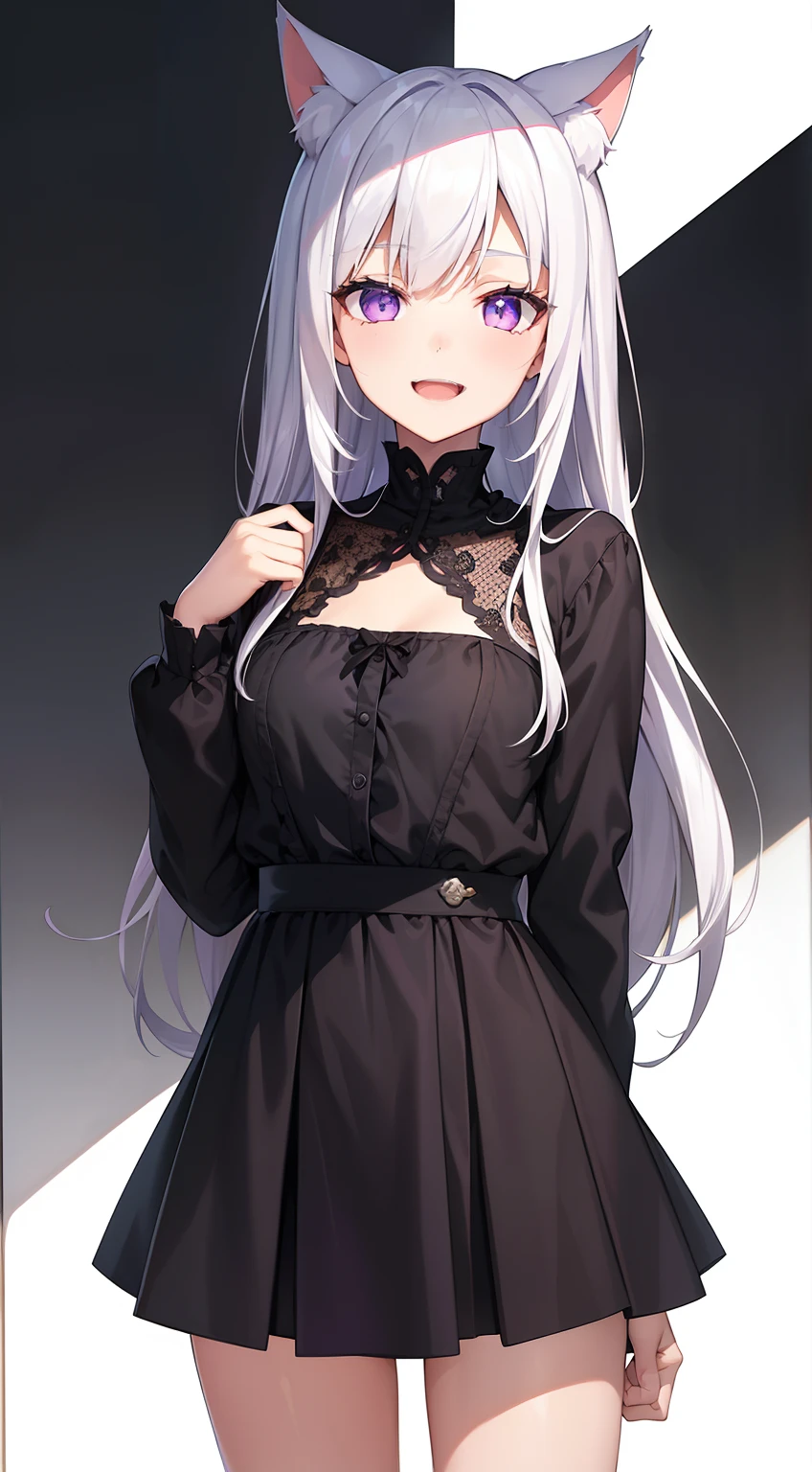 girl with、Purple eyes、white  hair、long、Cat's ears、Black Dress、a miniskirt、frilld、White background、front facing、Cool、a smile、Opening Mouth