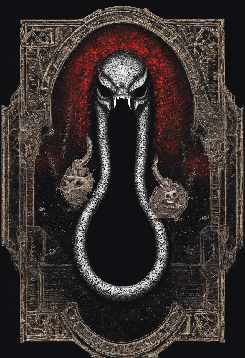El logo de la banda, La serpiente, se muestra sobre un fondo negro, Logotipo de la banda de black metal, Asmodeus, Logotipos de metal negro, omnisciente, Simbolismo ortodoxo Diesel punk, Emisivo, black metal album cover, gnosticismo, irisdicense, Arte del logotipo, Occult abiogenesis, Ouroboros, Portada detallada de album, No letters or typographies, only Sideño
