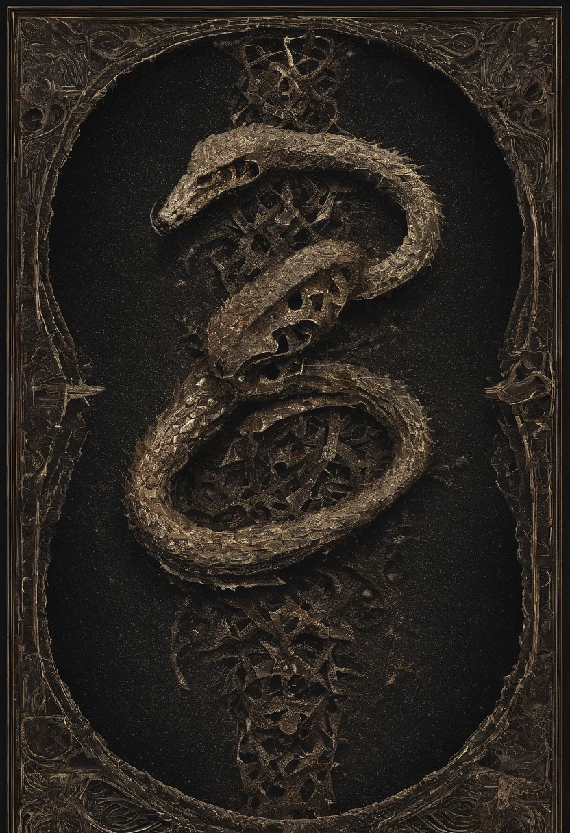 El logo de la banda, La serpiente, se muestra sobre un fondo negro, Logotipo de la banda de black metal, Asmodeus, Logotipos de metal negro, omnisciente, Simbolismo ortodoxo Diesel punk, Emisivo, black metal album cover, gnosticismo, irisdicense, Arte del logotipo, Occult abiogenesis, Ouroboros, Portada detallada de album, No letters or typographies, only Sideño