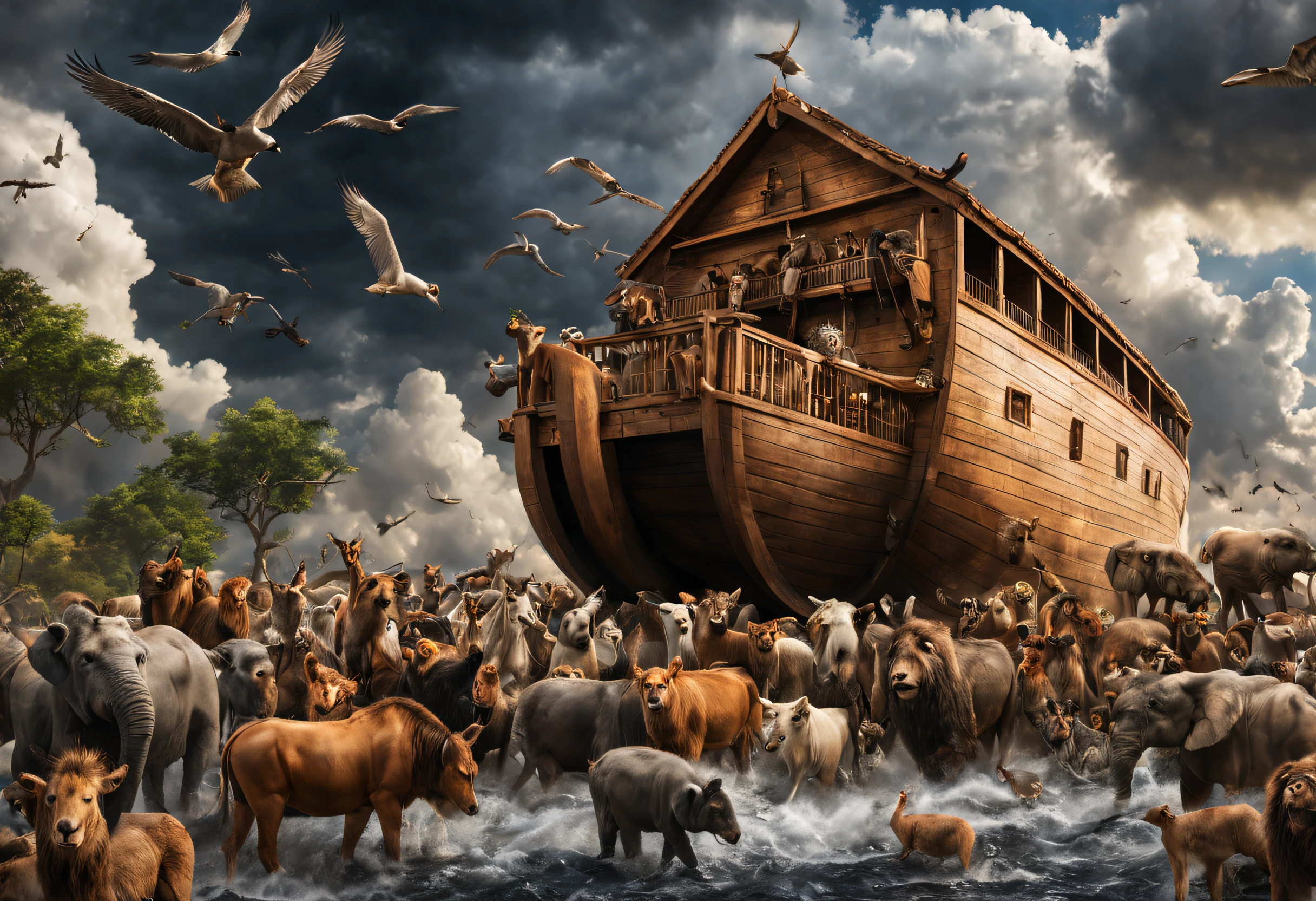 Hyper detailed photograph of Noah's Ark surrounded by different animals, storm clouds, photographic, realism taken to the extreme, fine texture, incredibly realistic, cinematic, large format camera, photographic realism, DSLR, 8k uhd, hdr, ultra detailed, high quality, high contrast