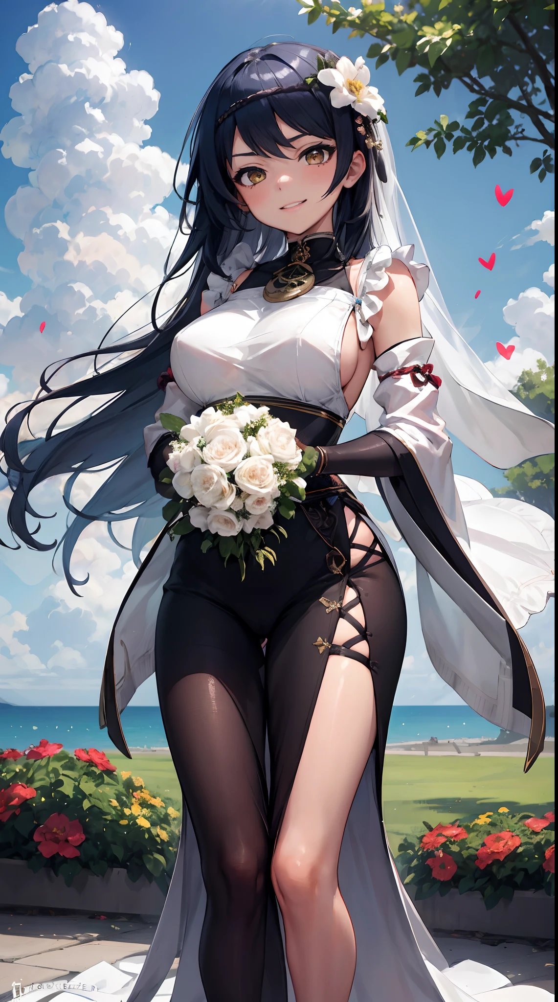 Kujou Sara | genshin impact, master-piece, bestquality, 1girls,25 years old, proportional body, proportional., Wedding Dresses, White Wedding Dress, Long skirt, wedding, ,bara, Standing in the middle of a flower garden, outdoor, wedding, The sky is beautiful, In a paradise of love and happiness................................., The bride wears a Japanese dress and a seductive smile................................., The passage of time stops at theirs................................., On this wedding day of love and happiness................................., Bright and beautiful flowers, Holding it in her hands symbolizes the envelopment of love................................., Love and friendship through the transmission of flowers, In a paradise of love and happiness................................., A bride in a yukata wearing a masika................................., It is a form of beauty and elegance................................., Show your spouse your heart................................, In a paradise of love and happiness................................., Kochikugisa is the tree of new beginnings................................., And their love and affection.............................., And suck a lot of love................................., Flowers represent love and peace................................., In a paradise of love and happiness................................., View viewers from the front., Thigh strap, Head tilt, bored, 10, 10, HD, slight smile,