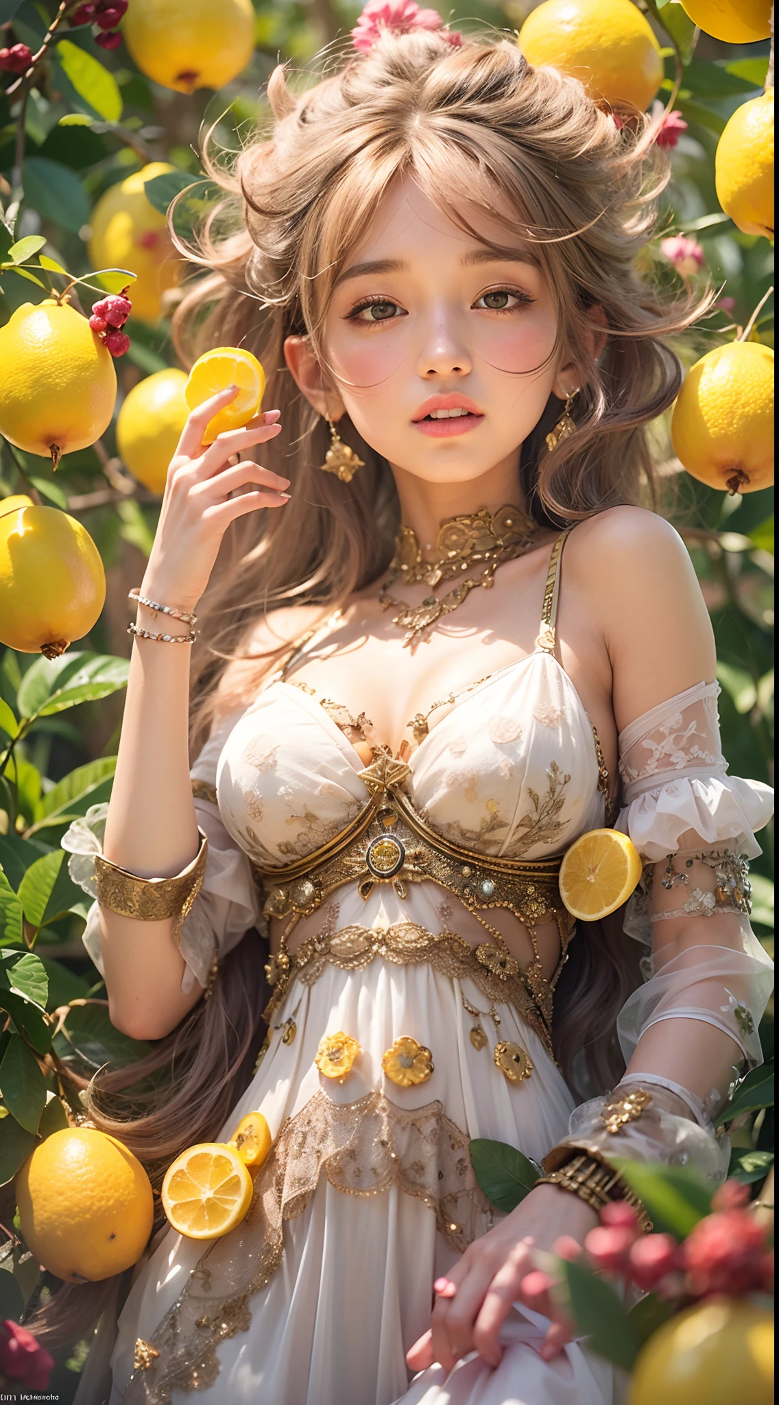 the portrait of an absurdly beautiful, graceful, elegant, sophisticated, teen anime girl made up of lemons looking up, an ultrafine hyperdetailed illustration by kim jung gi, irakli nadar, intricate linework, bright colors, octopath traveler, final fantasy, unreal engine 5 highly rendered, global illumination, radiant light, detailed and intricate environment