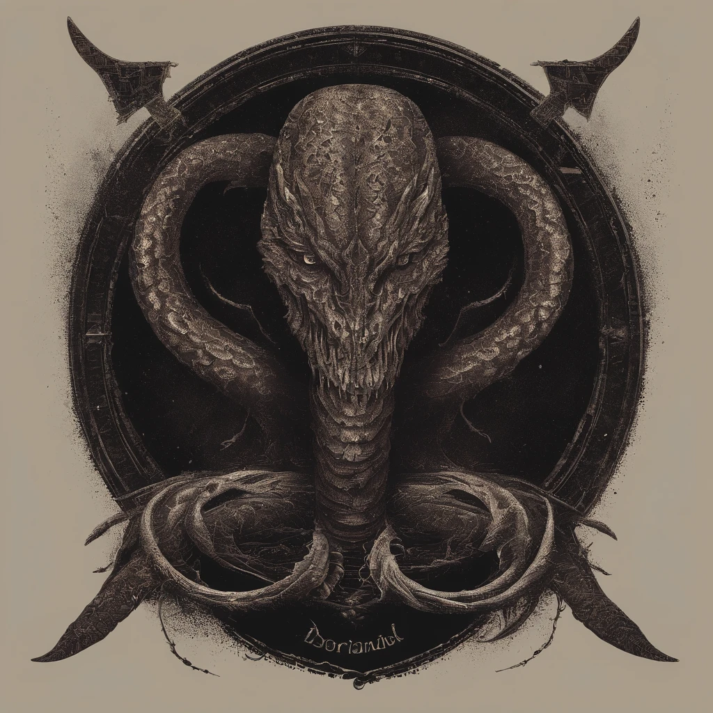 El logo de la banda, craneos de demonios con serpiente, se muestra sobre un fondo negro, Logotipo de la banda de black metal, Asmodeus, Logotipos de metal negro, omnisciente, Simbolismo ortodoxo Diesel punk, Emisivo, black metal album cover, gnosticismo, irisdicense, Arte del logotipo, Occult abiogenesis, Ouroboros, Portada detallada de album