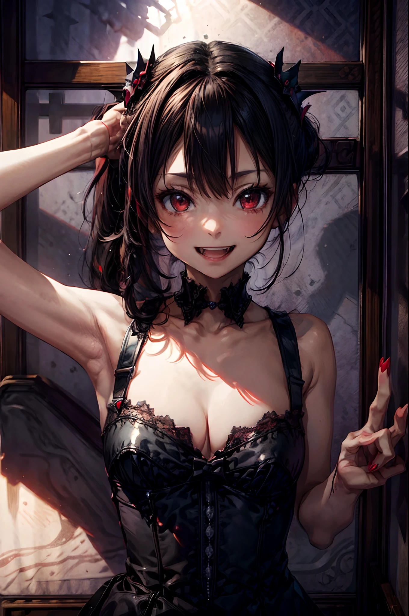 masterpiece,  best quality,  vampire queen,  fang, grin, adult woman,  (portrait:0.8),