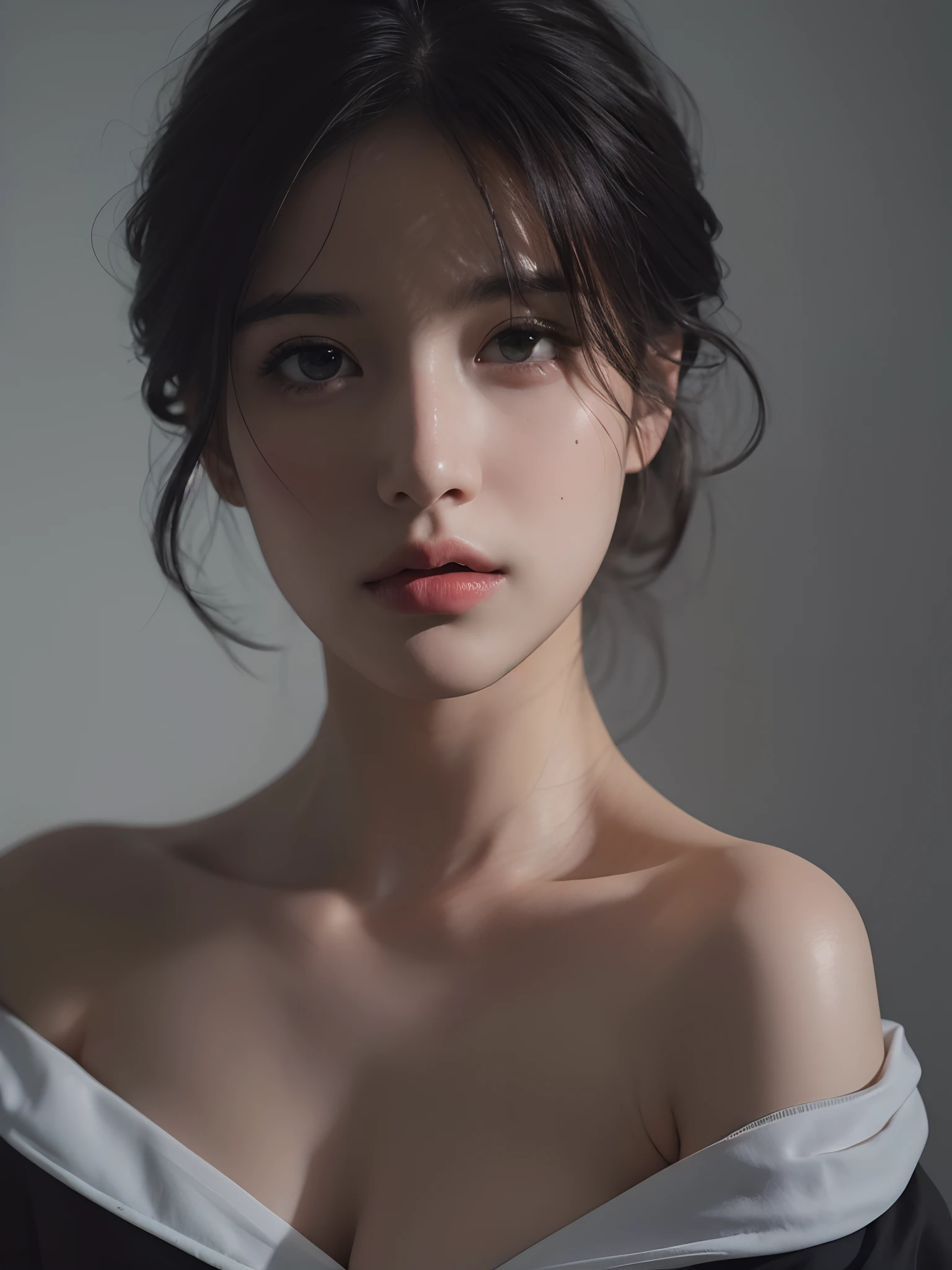 best quality, masterpiece, super high resolution, (lifelike:1.5), original photo, girl, shoulder,, dark shadow, understated, cold light, sexy look,