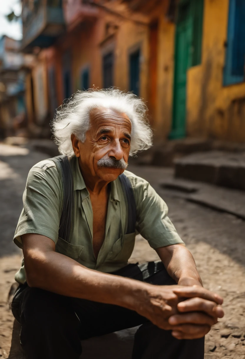 Albert Einstein com uma favela de fundo