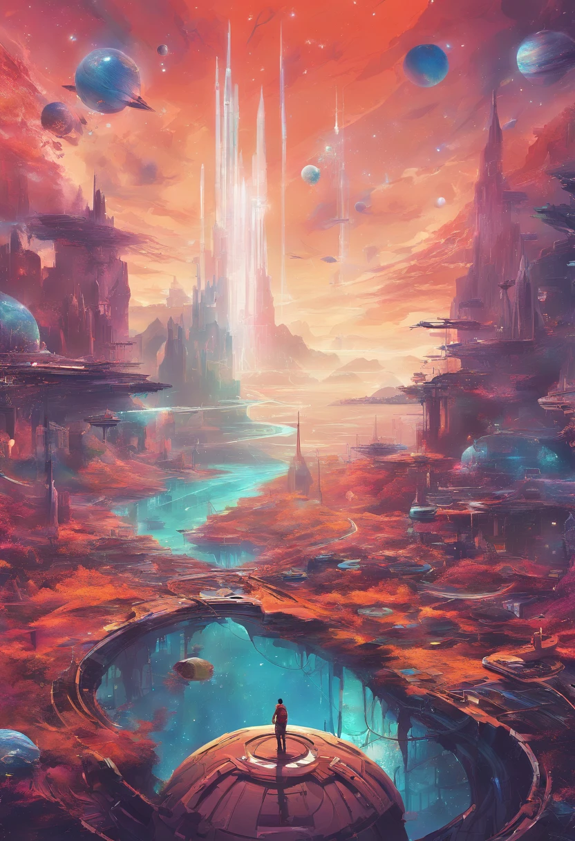 {{A colorful futuristic illustration of space}}, con un impresionante planeta en el centro. This artwork captures the beauty of the cosmos in a unique and artistic way. The quality and detail of the illustration are exceptional, lo que resalta la majestuosidad del espacio.