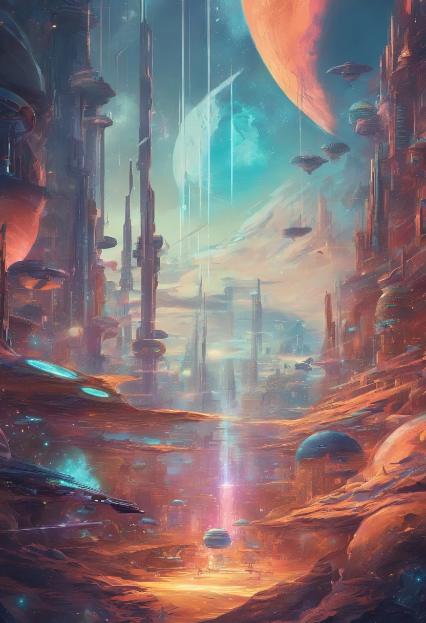{{A colorful futuristic illustration of space}}, con un impresionante planeta en el centro. This artwork captures the beauty of the cosmos in a unique and artistic way. The quality and detail of the illustration are exceptional, lo que resalta la majestuosidad del espacio.