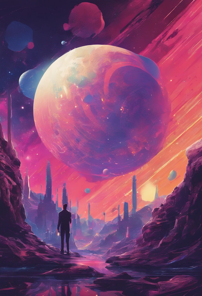 {{A colorful futuristic illustration of space}}, con un impresionante planeta en el centro. This artwork captures the beauty of the cosmos in a unique and artistic way. The quality and detail of the illustration are exceptional, lo que resalta la majestuosidad del espacio.