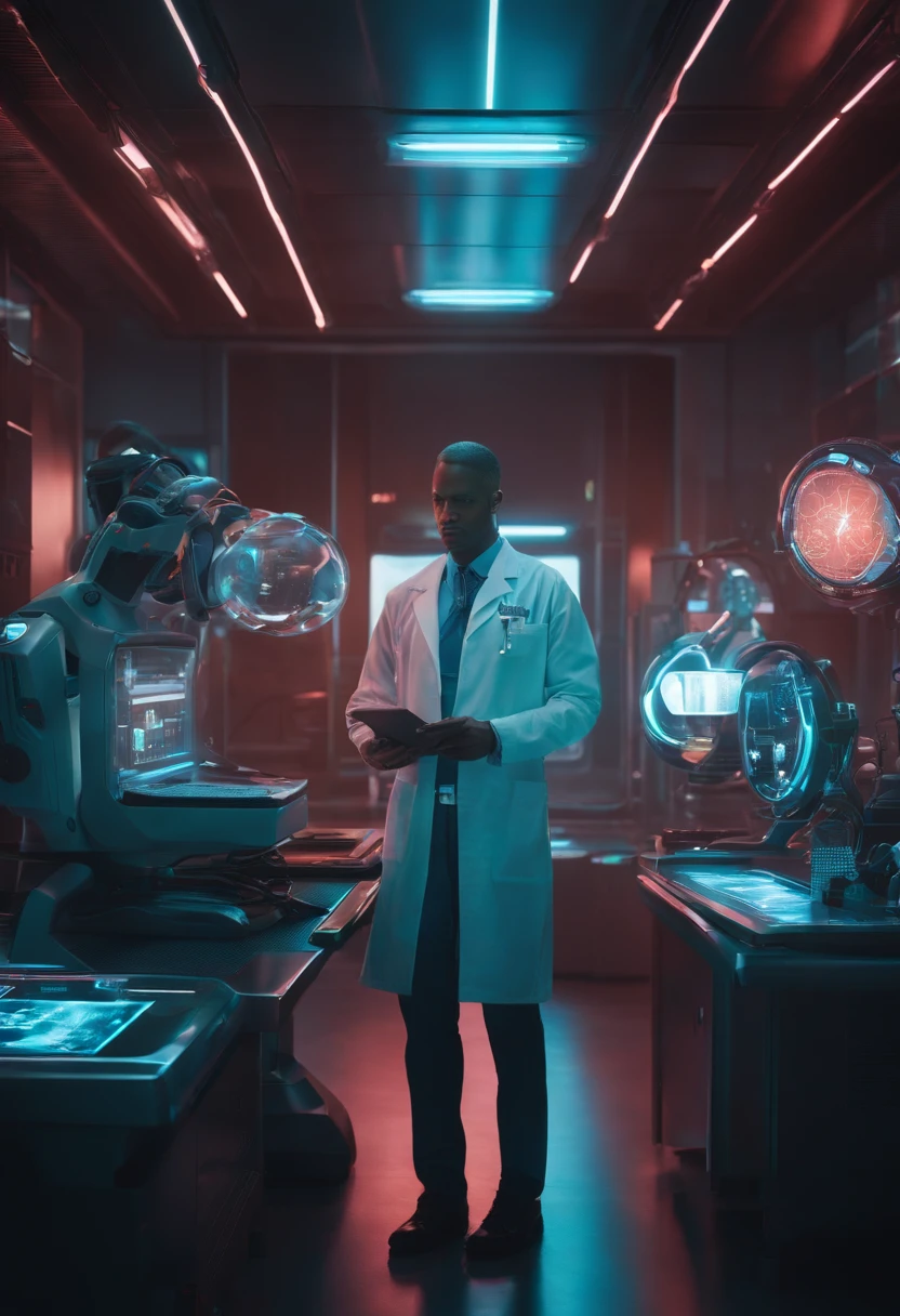A doctor wearing a cyberpunk-style outfit and manipulating a computer in a futuristic medical lab. The scene is set in a dimly lit room, with neon lights illuminating the intricate details of the doctor's outfit and the surrounding equipment. The doctor has a cybernetic arm with glowing circuits and advanced tools, which they are using to edit digital images on a holographic display projected in front of them. The lab is filled with advanced technology, including floating holographic screens displaying medical data and a robotic assistant. The overall color palette is dark and futuristic, with shades of neon blue and vibrant accents. The lighting emphasizes the doctor's focused expression and highlights the cyberpunk aesthetic of the scene. The image should have the best quality, with ultra-detailed and photorealistic rendering. The artwork should showcase a combination of cyberpunk and medical themes, capturing the futuristic atmosphere and the doctor's expertise in digital image manipulation.