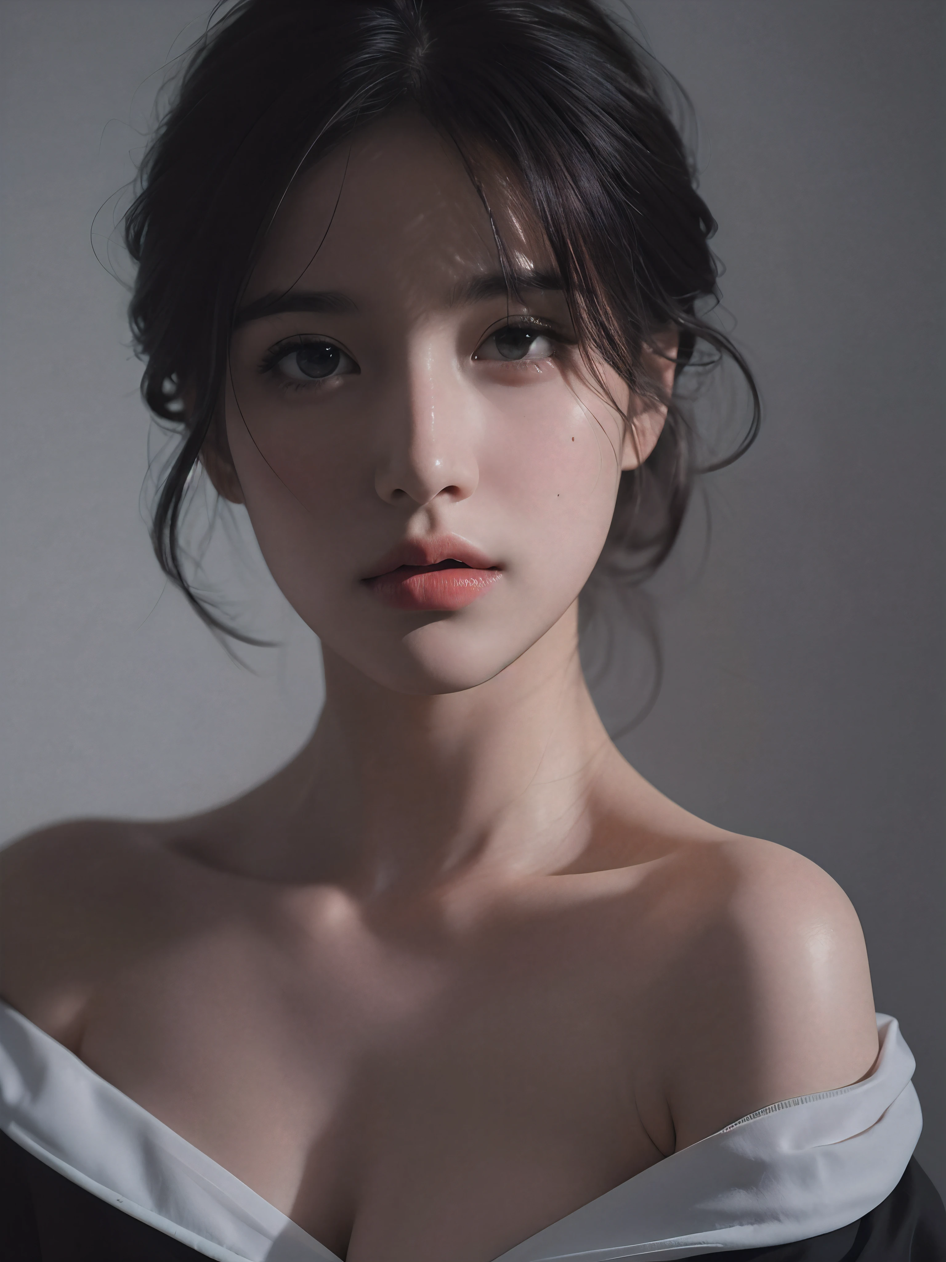 Best quality, masterpiece, ultra high res, (photorealistic:1.5), raw photo, 1girl, offshoulder, in the dark, deep shadow, low key, cold light, sexy look, short hair